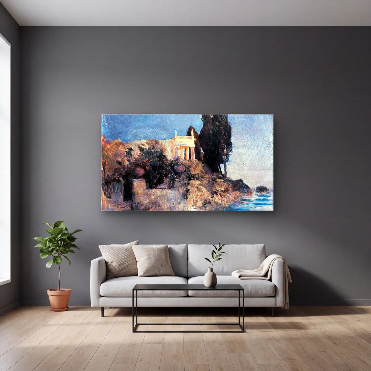 Arnold Böcklin – Villa by the Sea cam tablo — gri duvarlı salonda