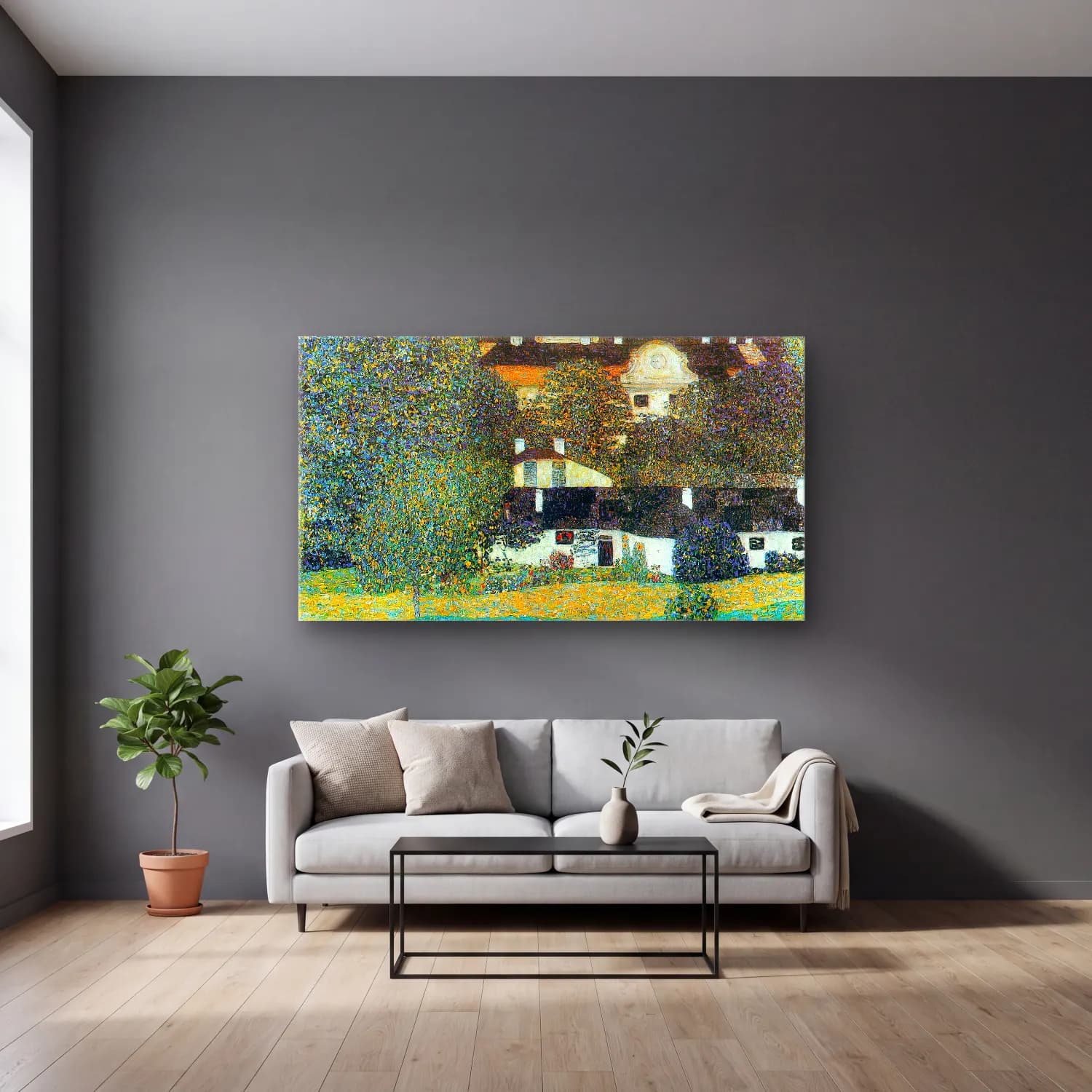 Gustav Klimt – Castle Chamber at Attersee II cam tablo — gri duvarlı salonda