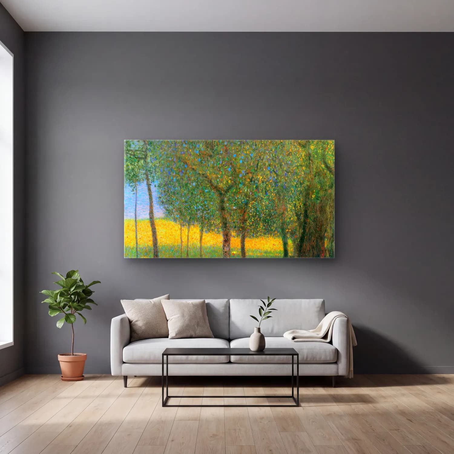 Gustav Klimt – Fruit Trees cam tablo — gri duvarlı salonda