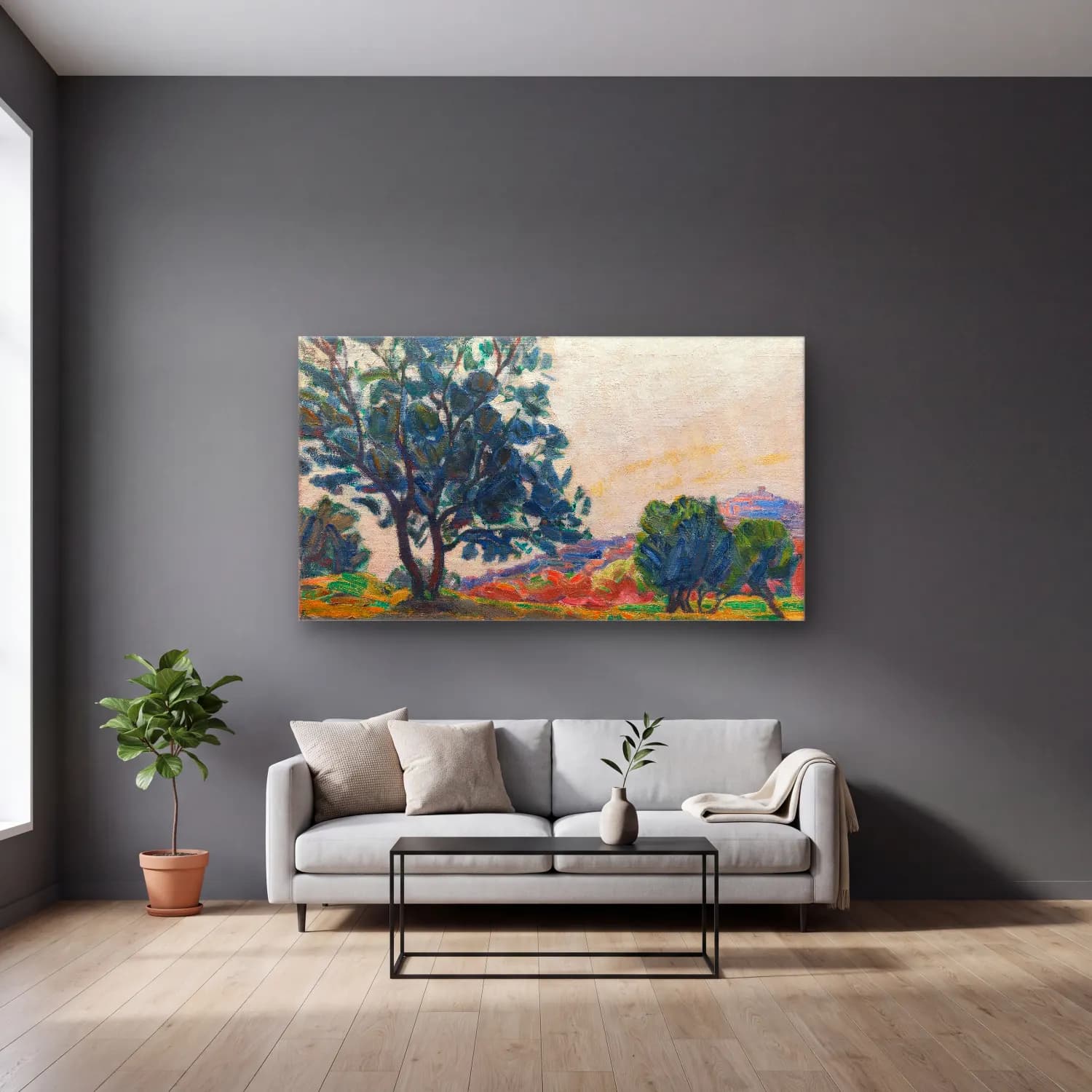 Niels Larsen Stevns – The Olive Grove with Cagnes in the Background Against the… cam tablo — gri duvarlı salonda