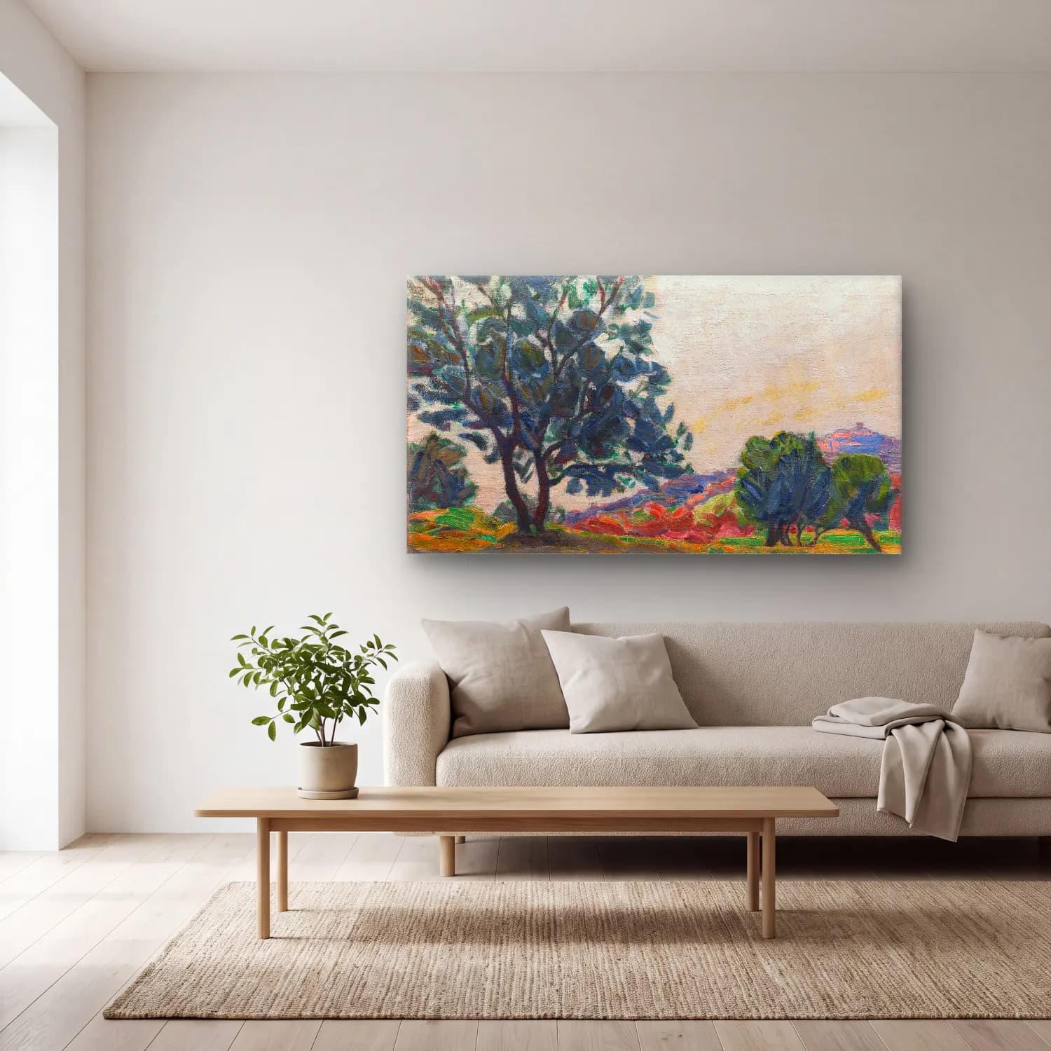 Niels Larsen Stevns – The Olive Grove with Cagnes in the Background Against the… cam tablo — açık renk salonda