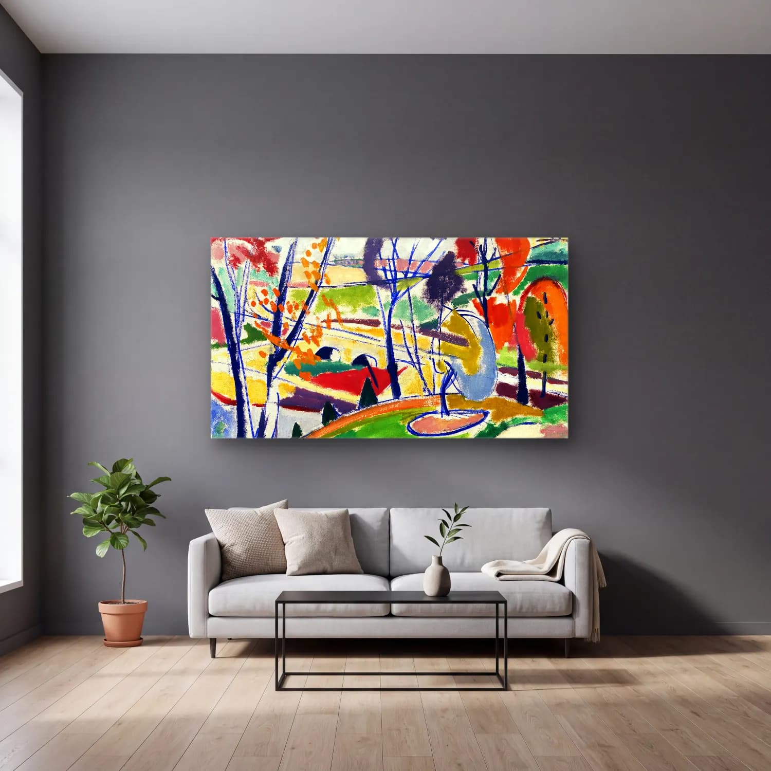 Henry Lyman Saÿen – Décor Plat cam tablo — gri duvarlı salonda