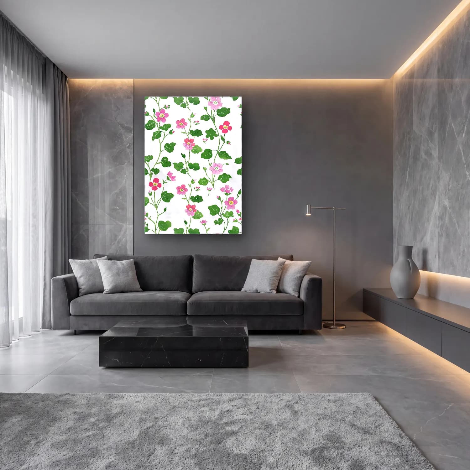 Pastel Çiçek Deseni No. 32 cam tablo — lüks salon duvarında