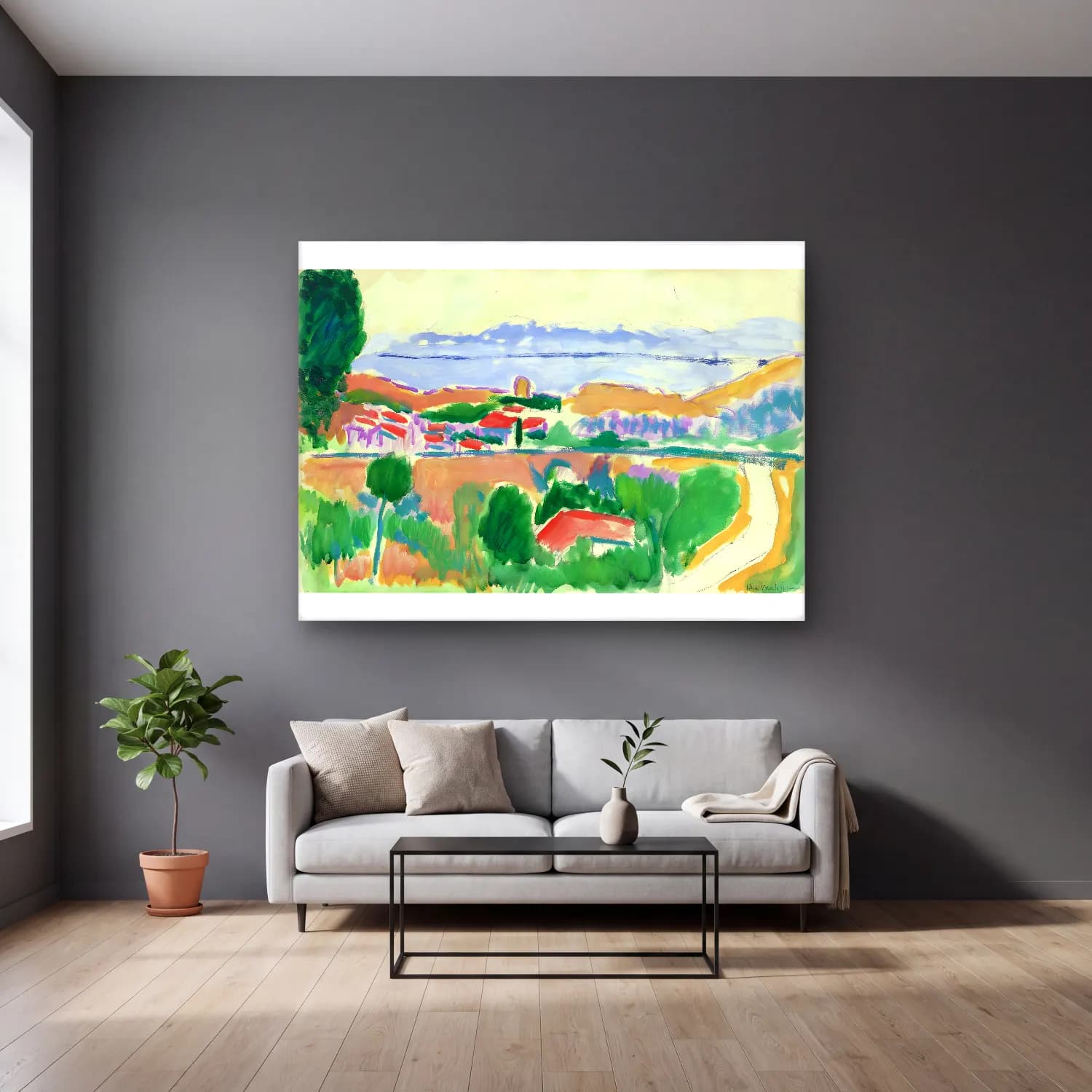 Henri Matisse – Vue de Collioure (circa 1906-1907) cam tablo — gri duvarlı salonda