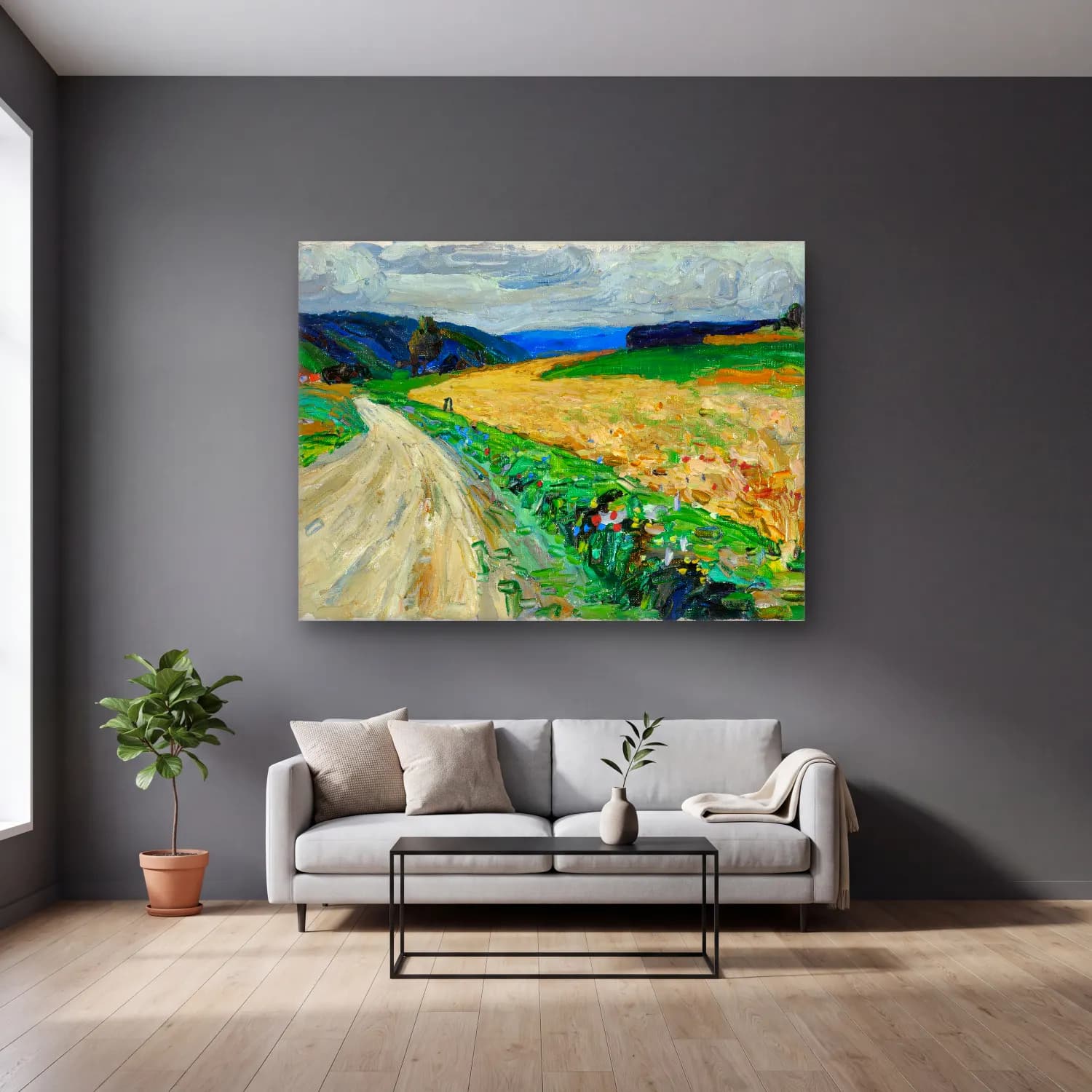 Wassily Kandinsky – Kallmünz – Nature study on the yellow stagecoach cam tablo — gri duvarlı salonda