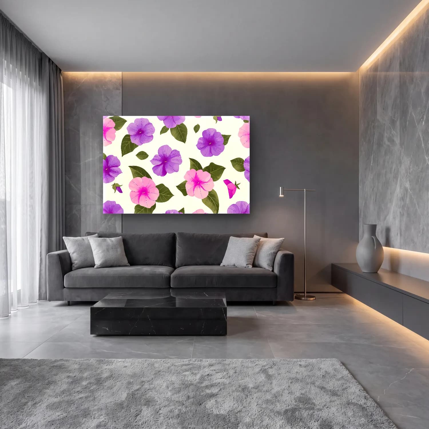 Pastel Çiçek Deseni No. 33 cam tablo — lüks salon duvarında