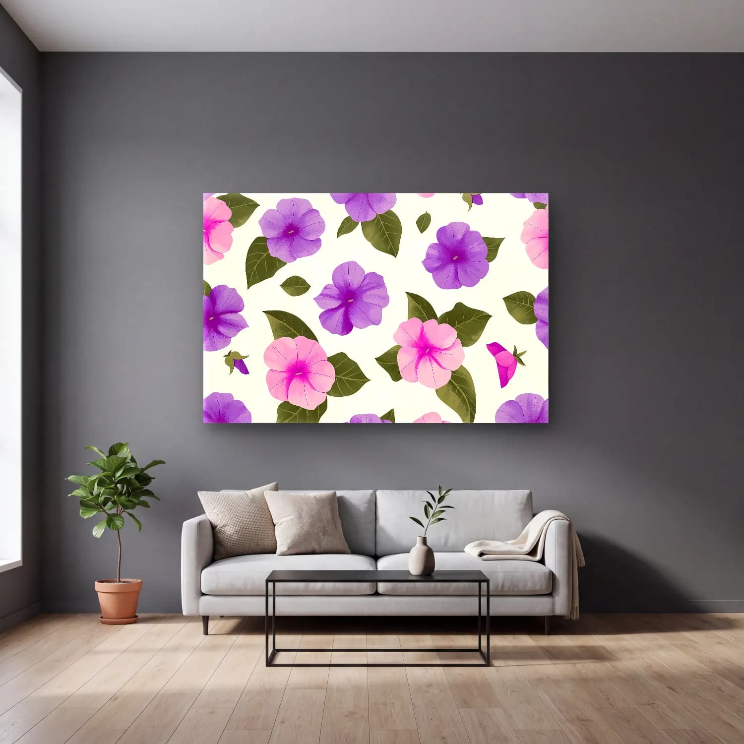 Pastel Çiçek Deseni No. 33 cam tablo — gri duvarlı salonda