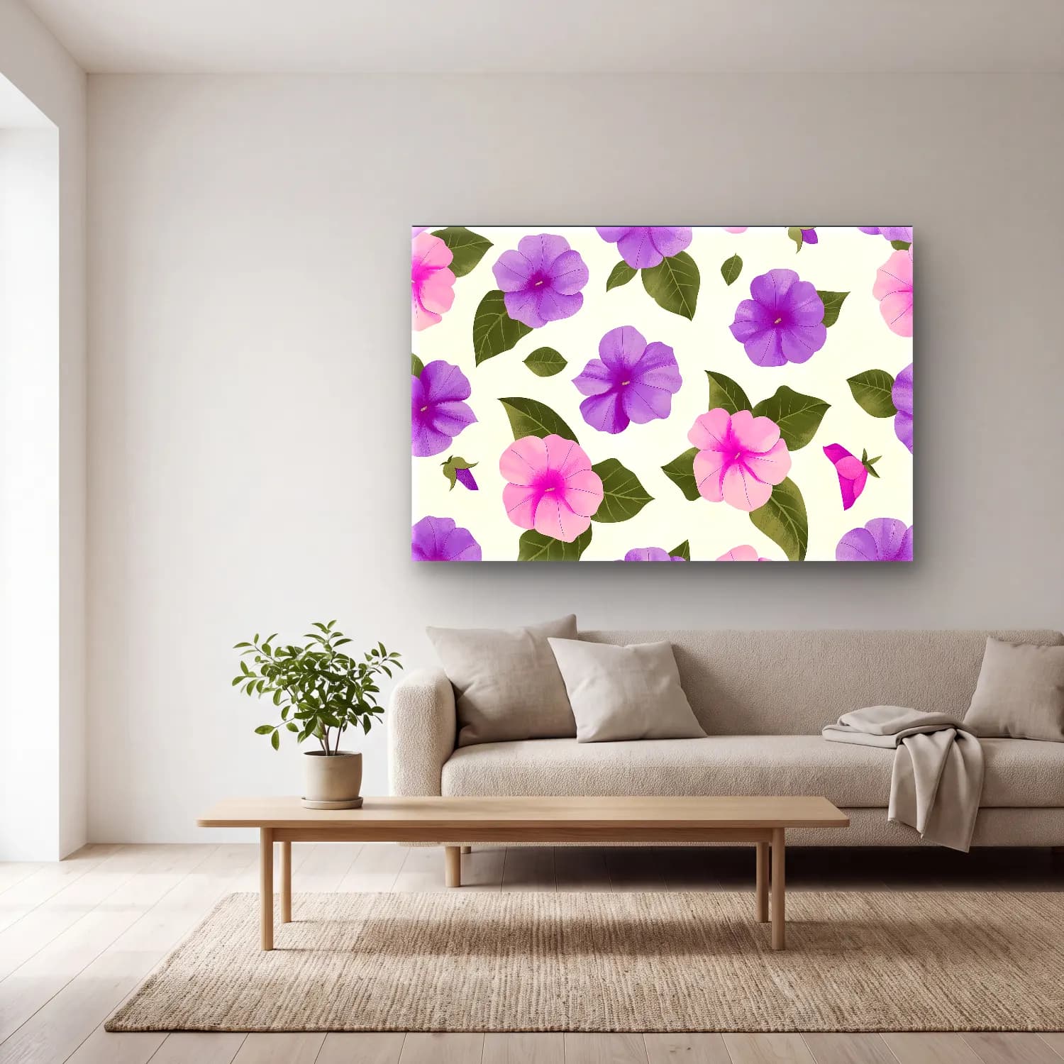 Pastel Çiçek Deseni No. 33 cam tablo — açık renk salonda