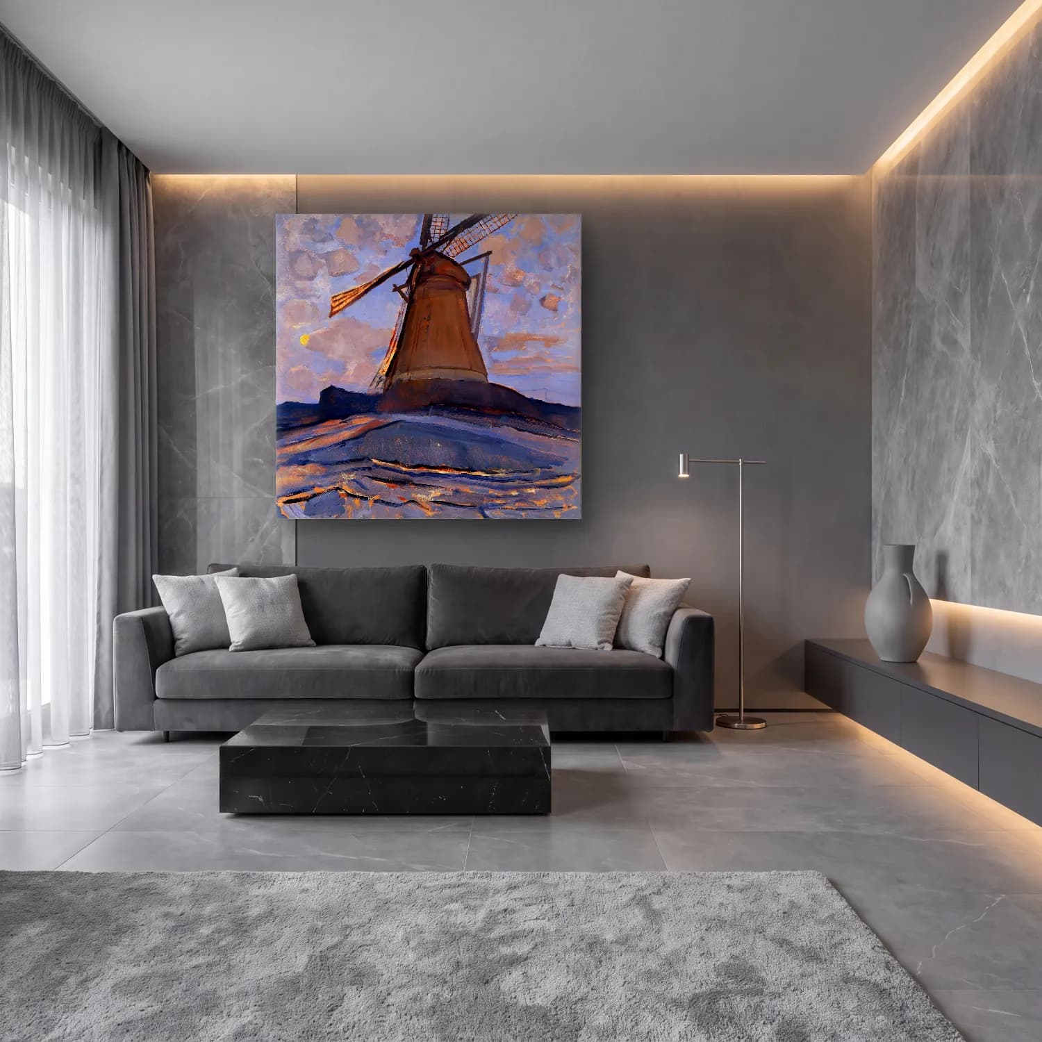 Yağlı Boya Deniz Feneri No. 8 cam tablo — lüks salon duvarında