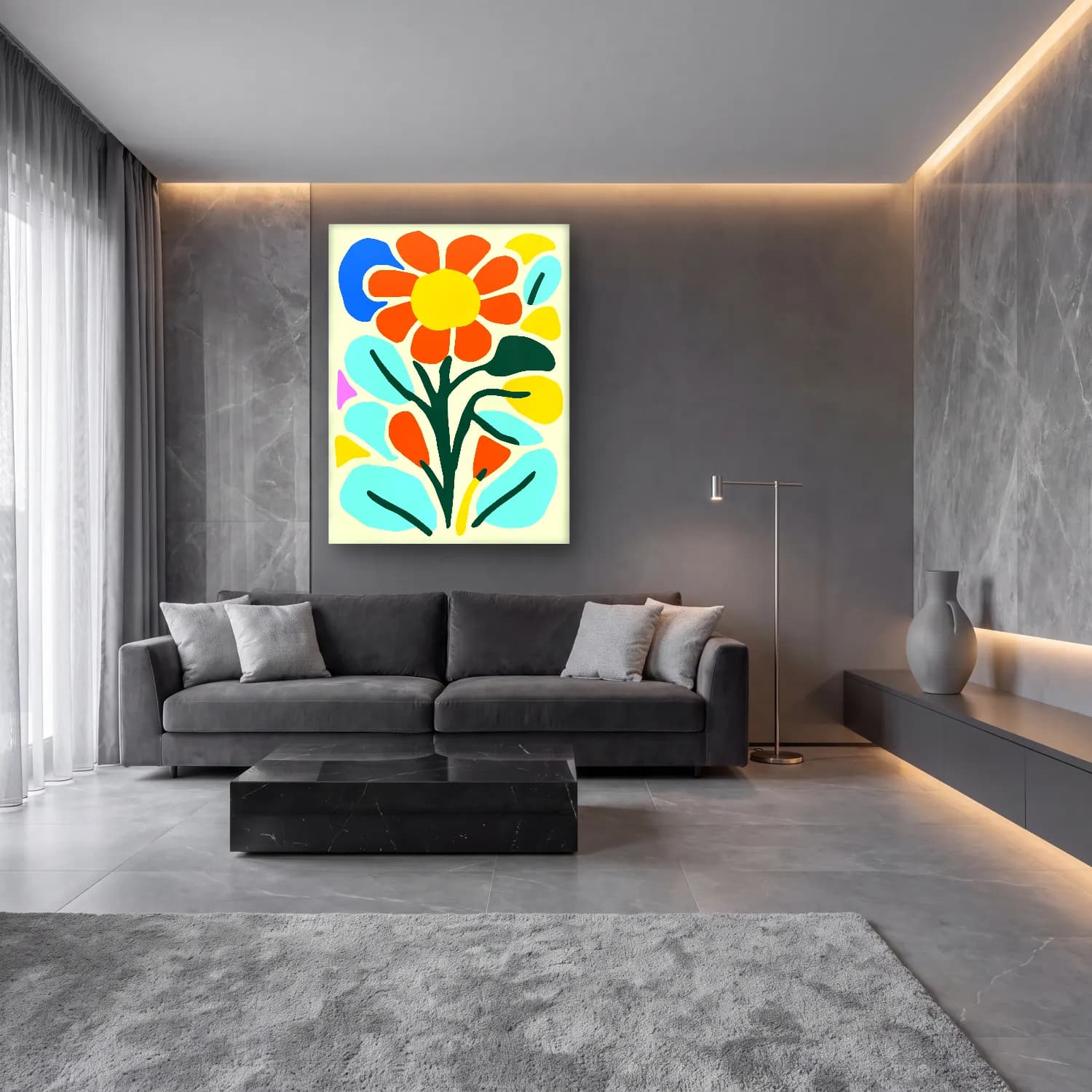 Boho Çiçek Deseni No. 53 cam tablo — lüks salon duvarında