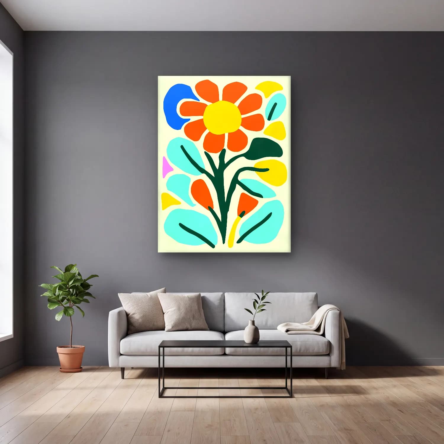 Boho Çiçek Deseni No. 53 cam tablo — gri duvarlı salonda