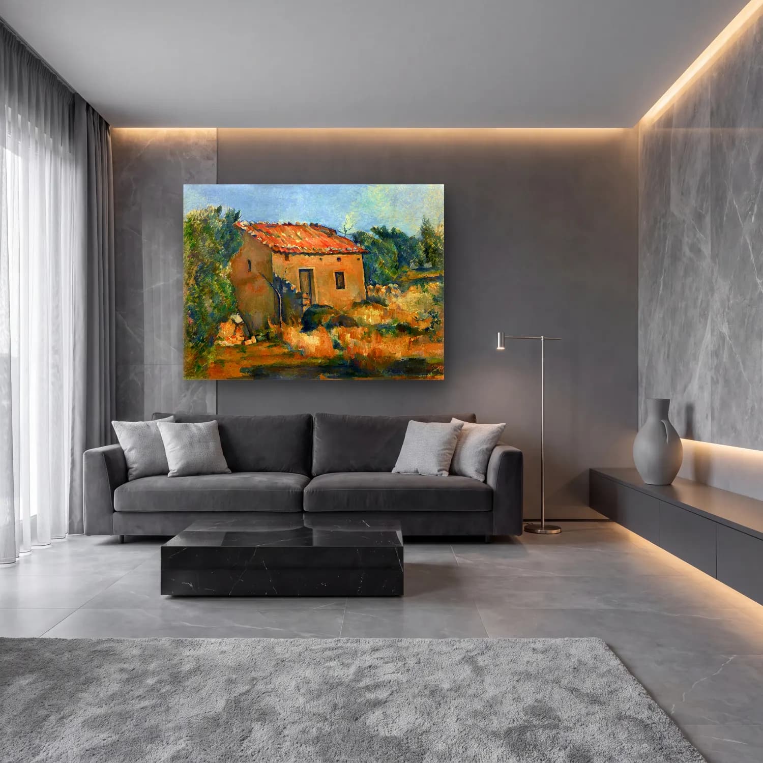 Yağlı Boya Kır Evi No. 47 cam tablo — lüks salon duvarında