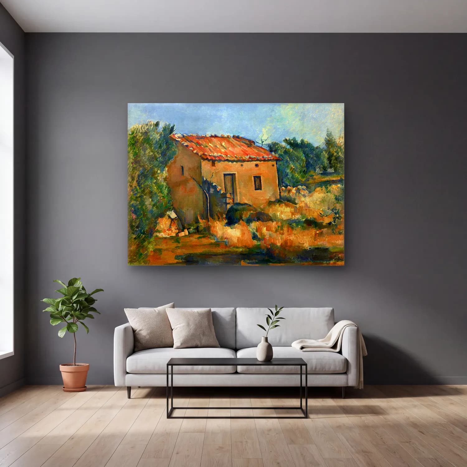 Yağlı Boya Kır Evi No. 47 cam tablo — gri duvarlı salonda