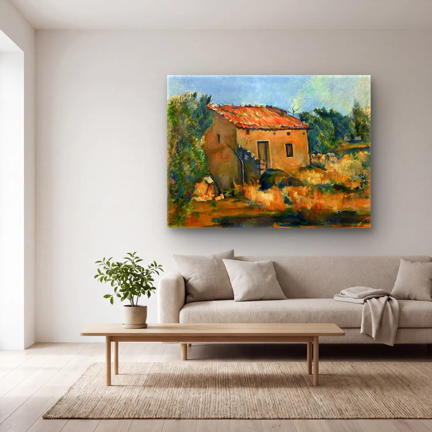 Yağlı Boya Kır Evi No. 47 cam tablo — açık renk salonda