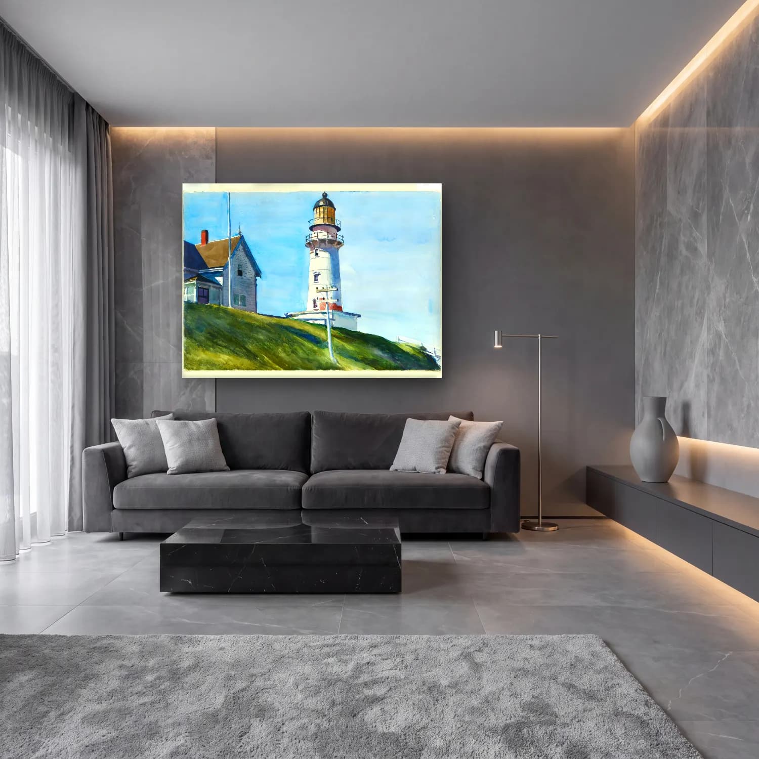 Suluboya Deniz Feneri – Pastel Tonlar cam tablo — lüks salon duvarında