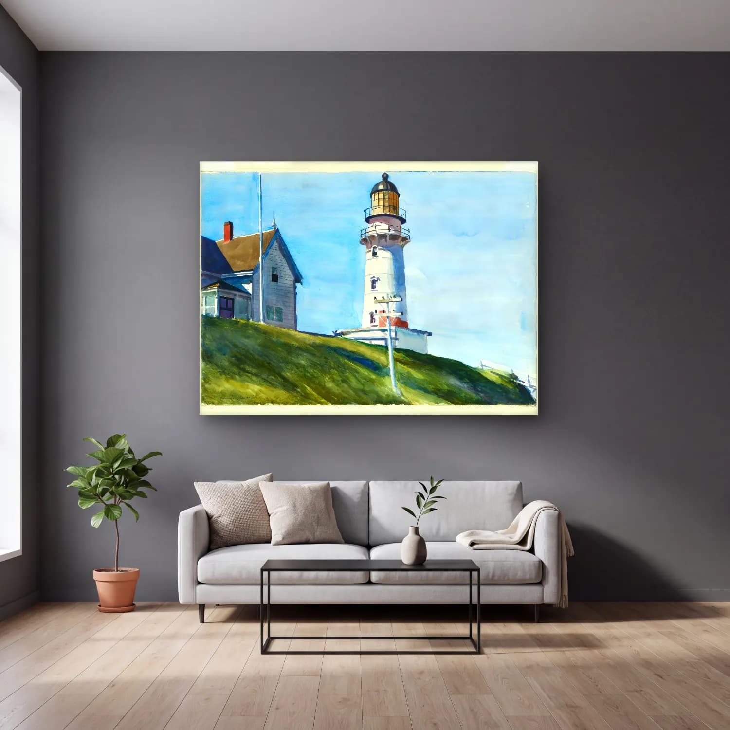 Suluboya Deniz Feneri – Pastel Tonlar cam tablo — gri duvarlı salonda