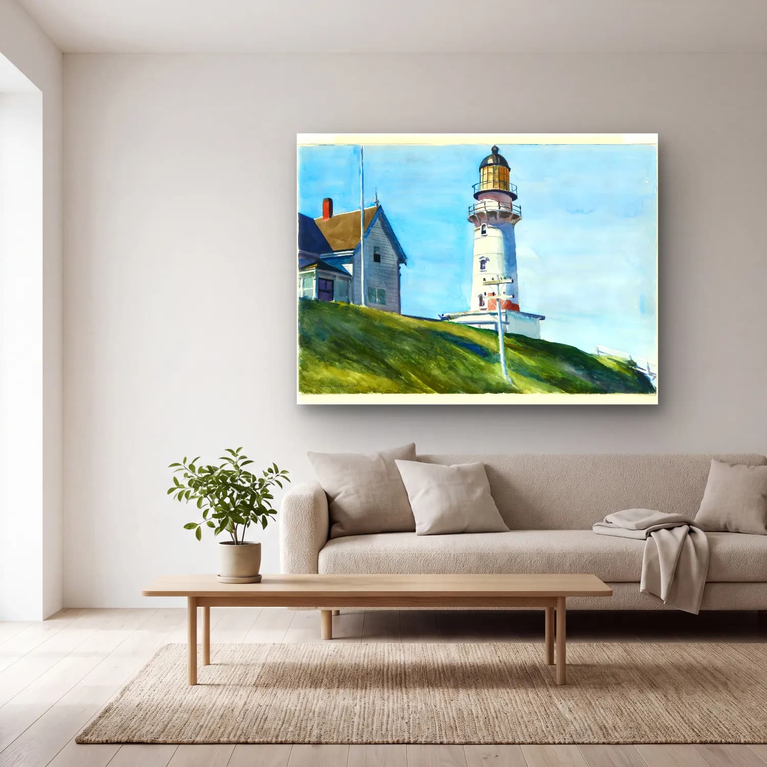 Suluboya Deniz Feneri – Pastel Tonlar cam tablo — açık renk salonda