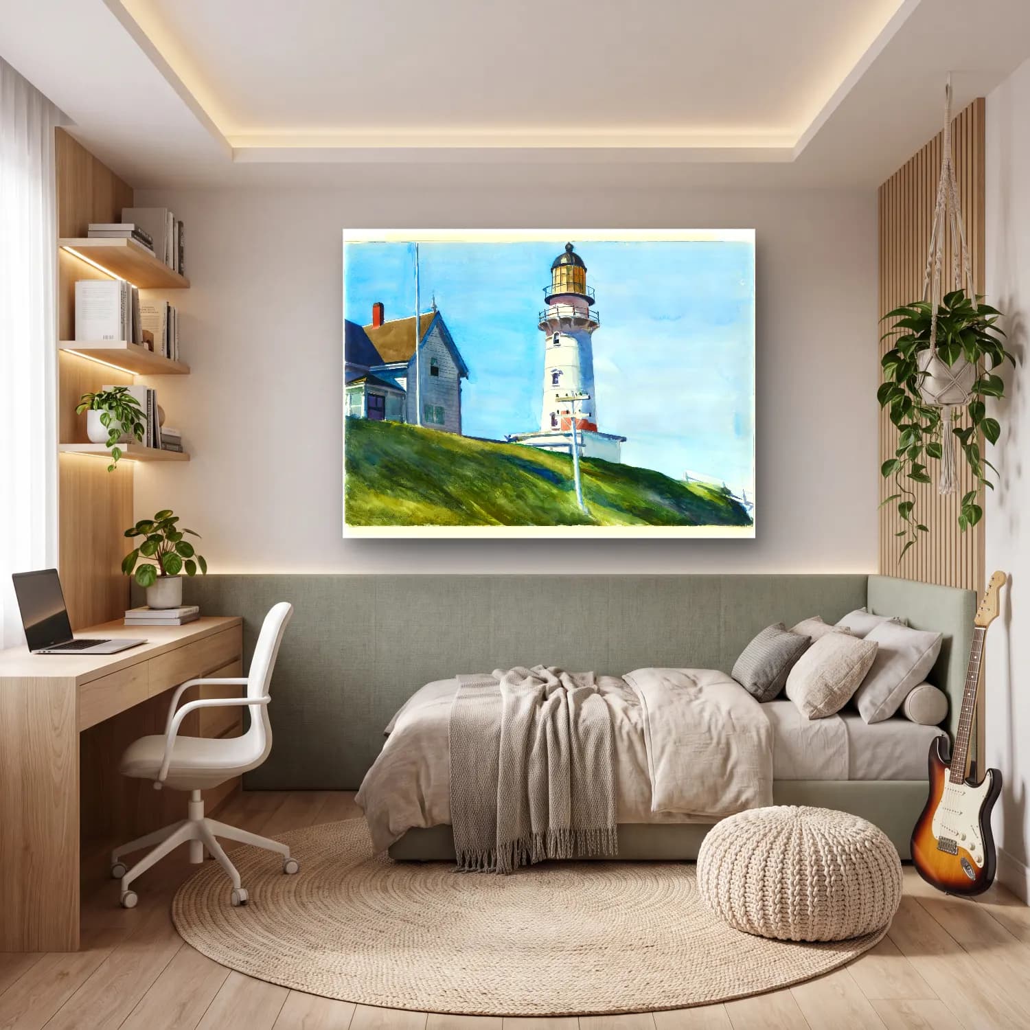 Suluboya Deniz Feneri – Pastel Tonlar cam tablo — genç odasında
