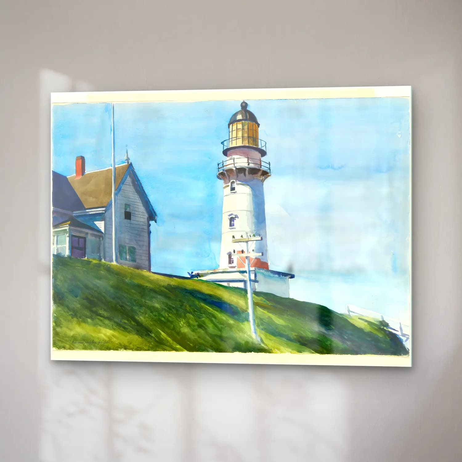 Suluboya Deniz Feneri – Pastel Tonlar cam tablo — sağ açıdan görünüm