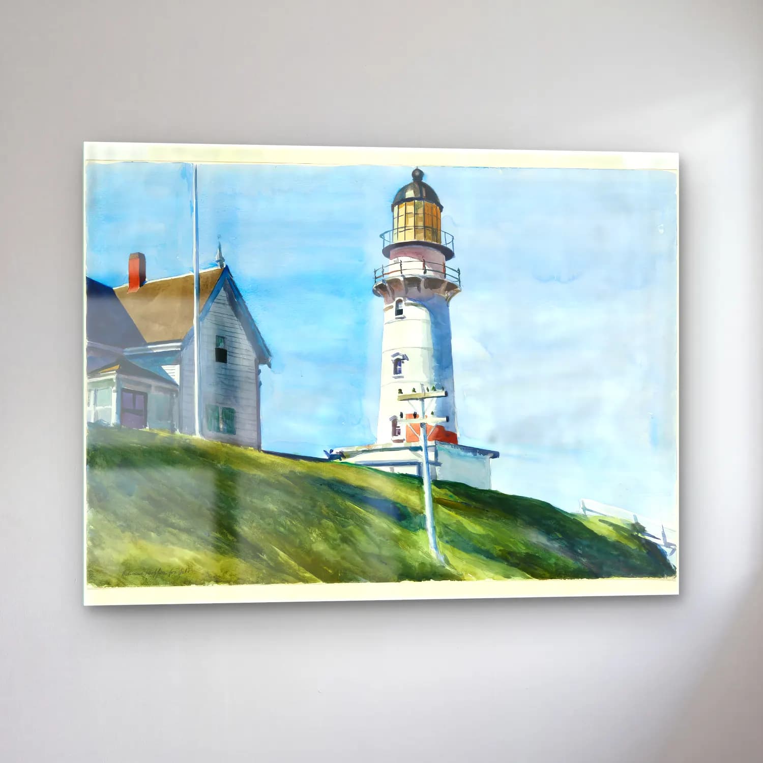 Suluboya Deniz Feneri – Pastel Tonlar cam tablo — sol açıdan görünüm