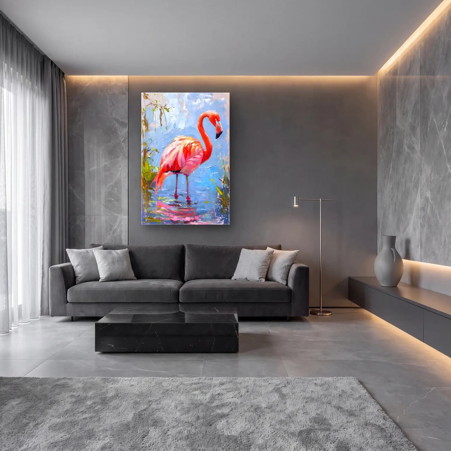 Yağlı Boya Flamingo No. 5 cam tablo — lüks salon duvarında