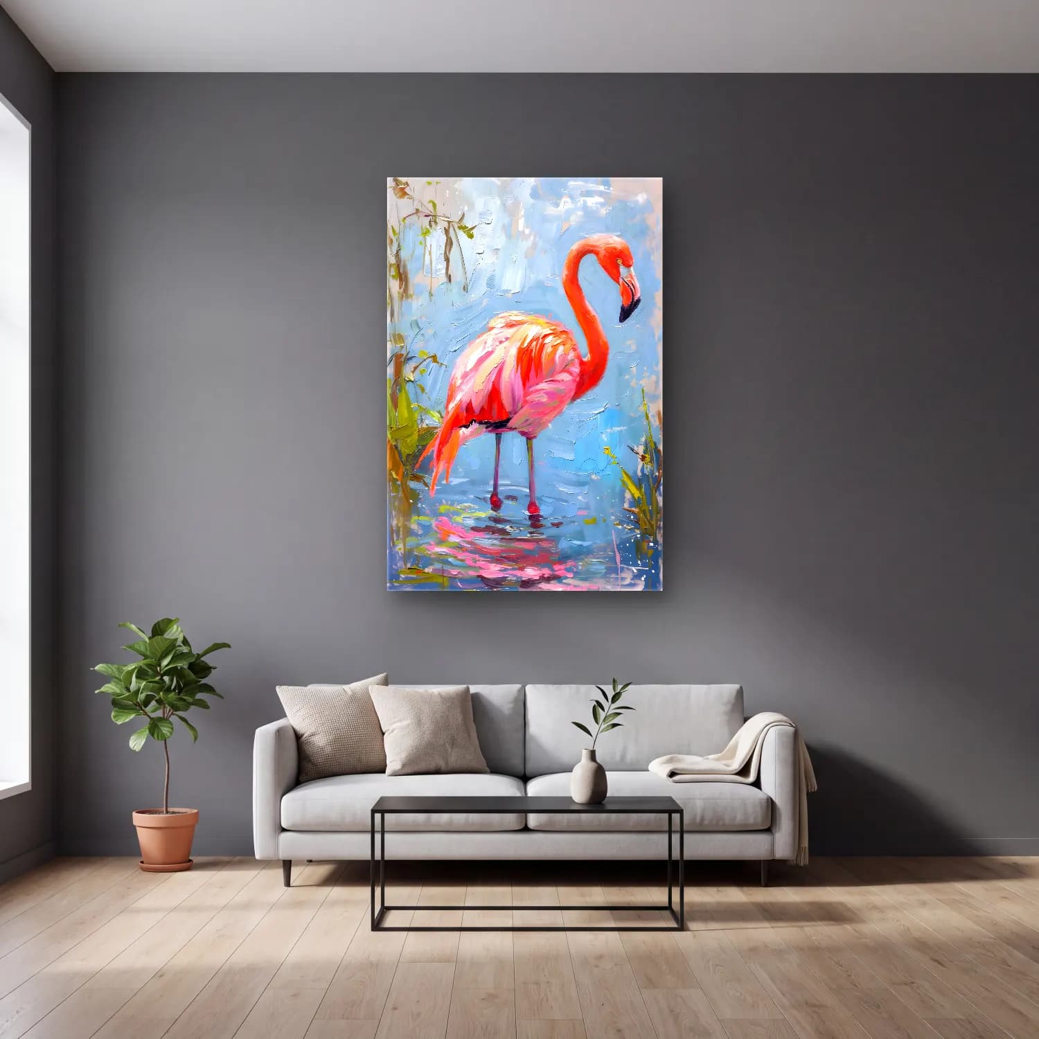 Yağlı Boya Flamingo No. 5 cam tablo — gri duvarlı salonda