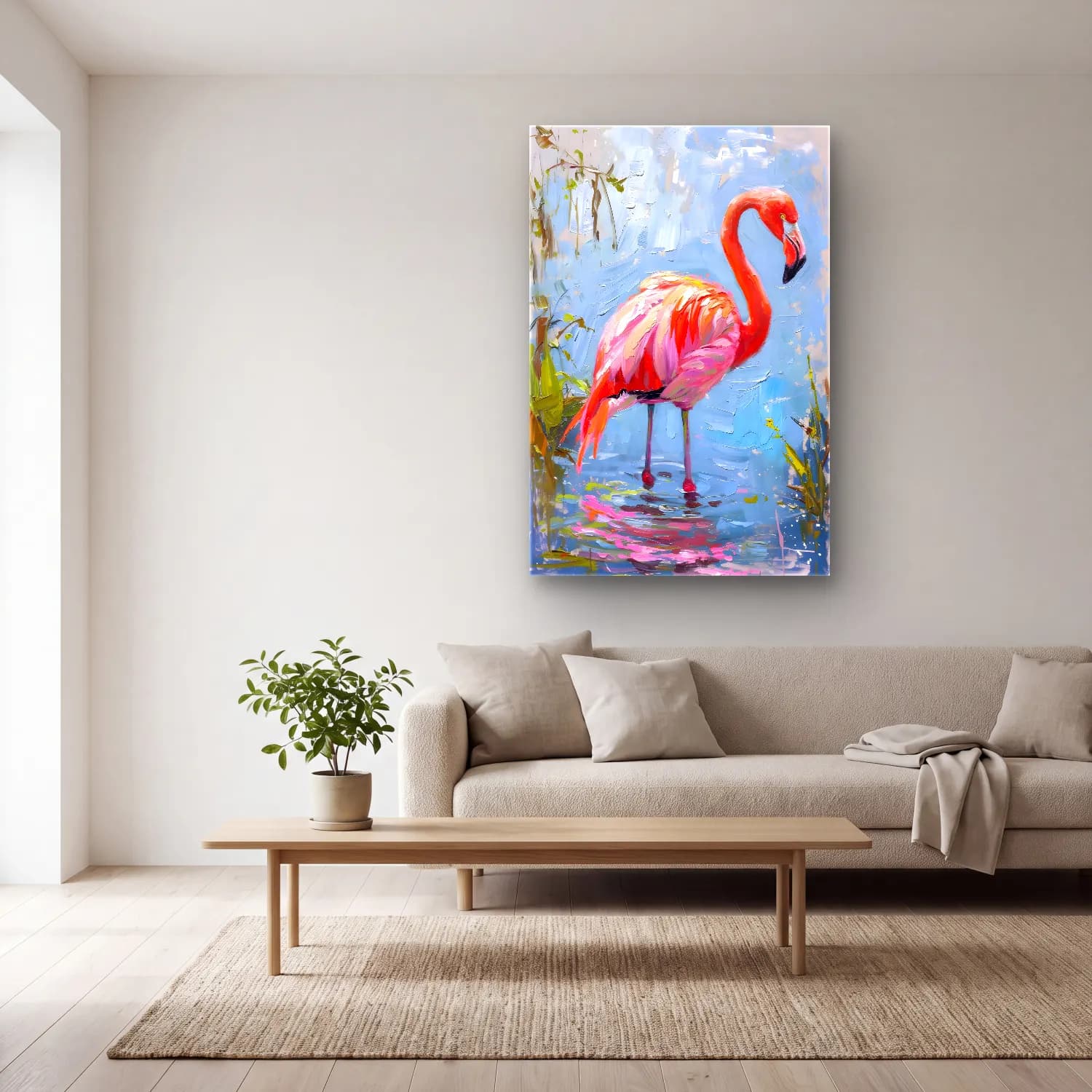 Yağlı Boya Flamingo No. 5 cam tablo — açık renk salonda