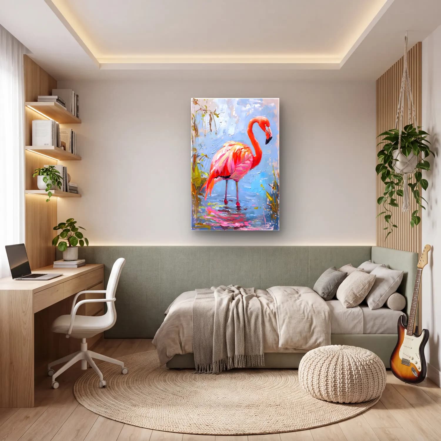 Yağlı Boya Flamingo No. 5 cam tablo — genç odasında