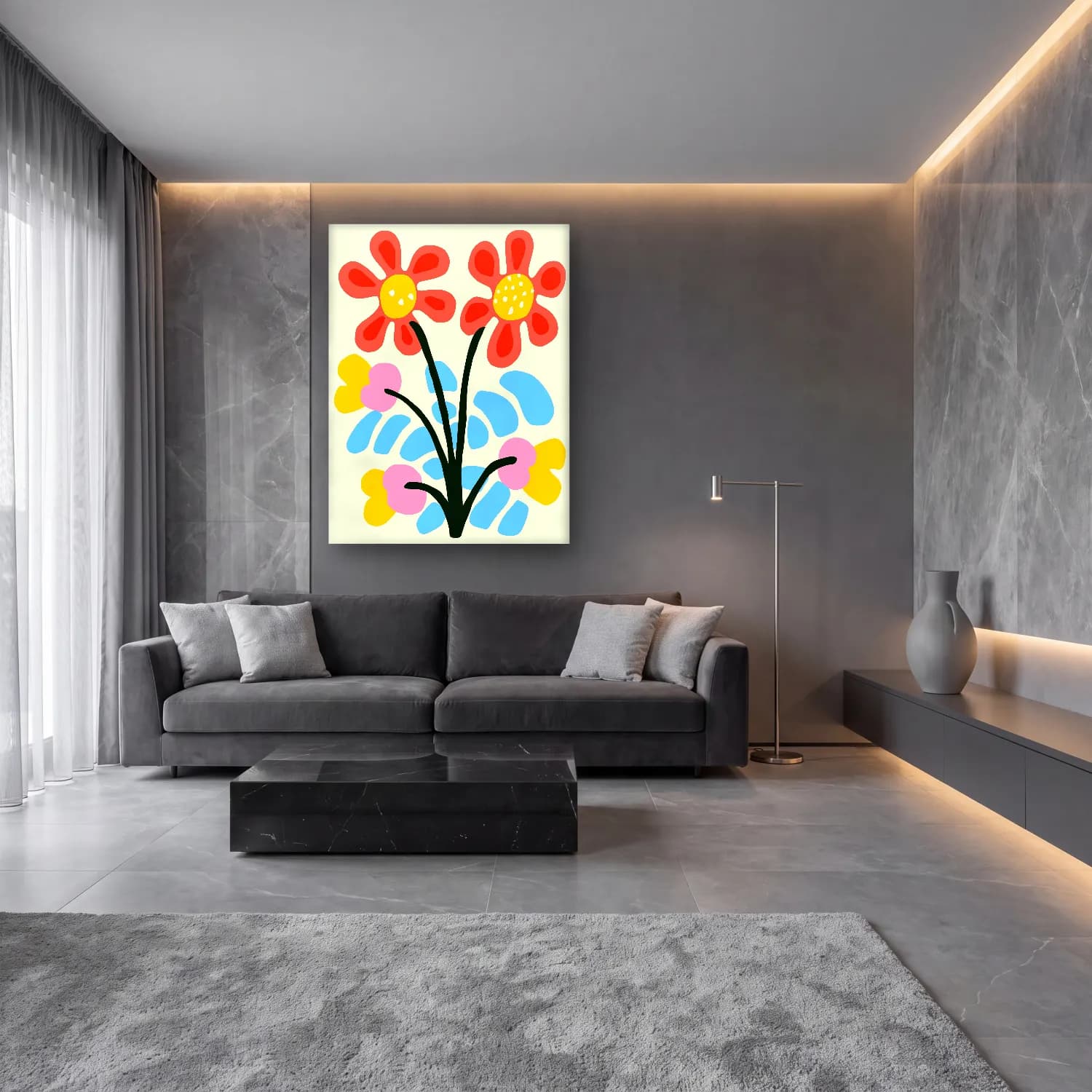 Boho Çiçek Deseni No. 54 cam tablo — lüks salon duvarında