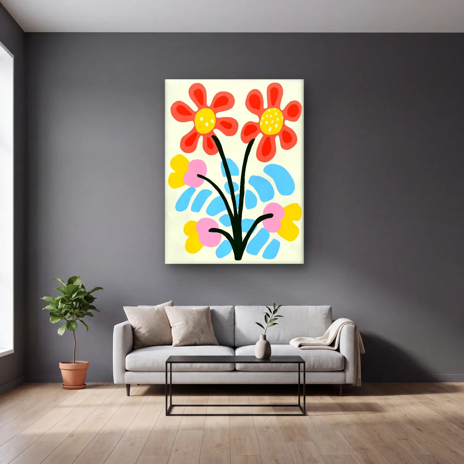 Boho Çiçek Deseni No. 54 cam tablo — gri duvarlı salonda