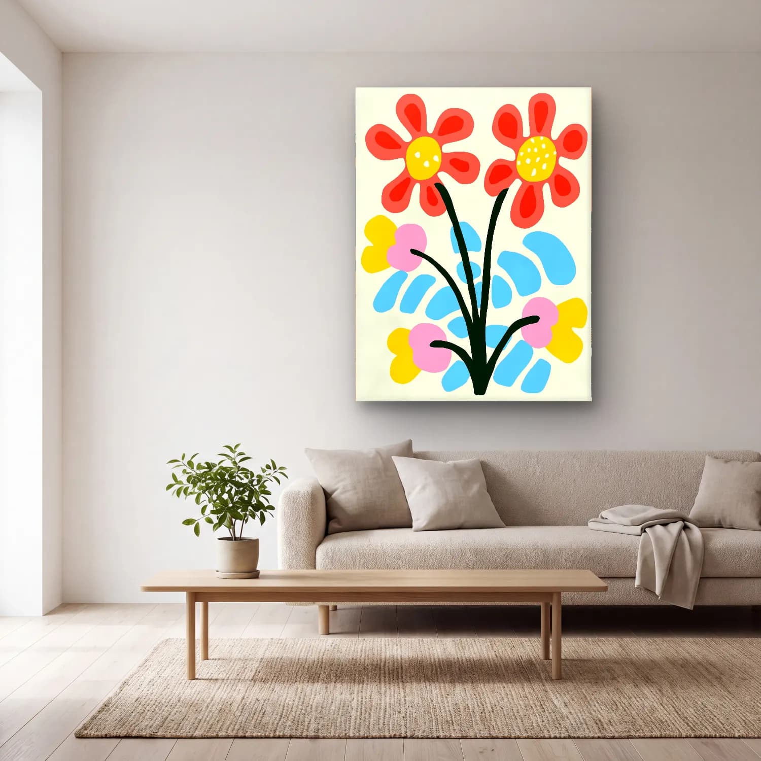Boho Çiçek Deseni No. 54 cam tablo — açık renk salonda