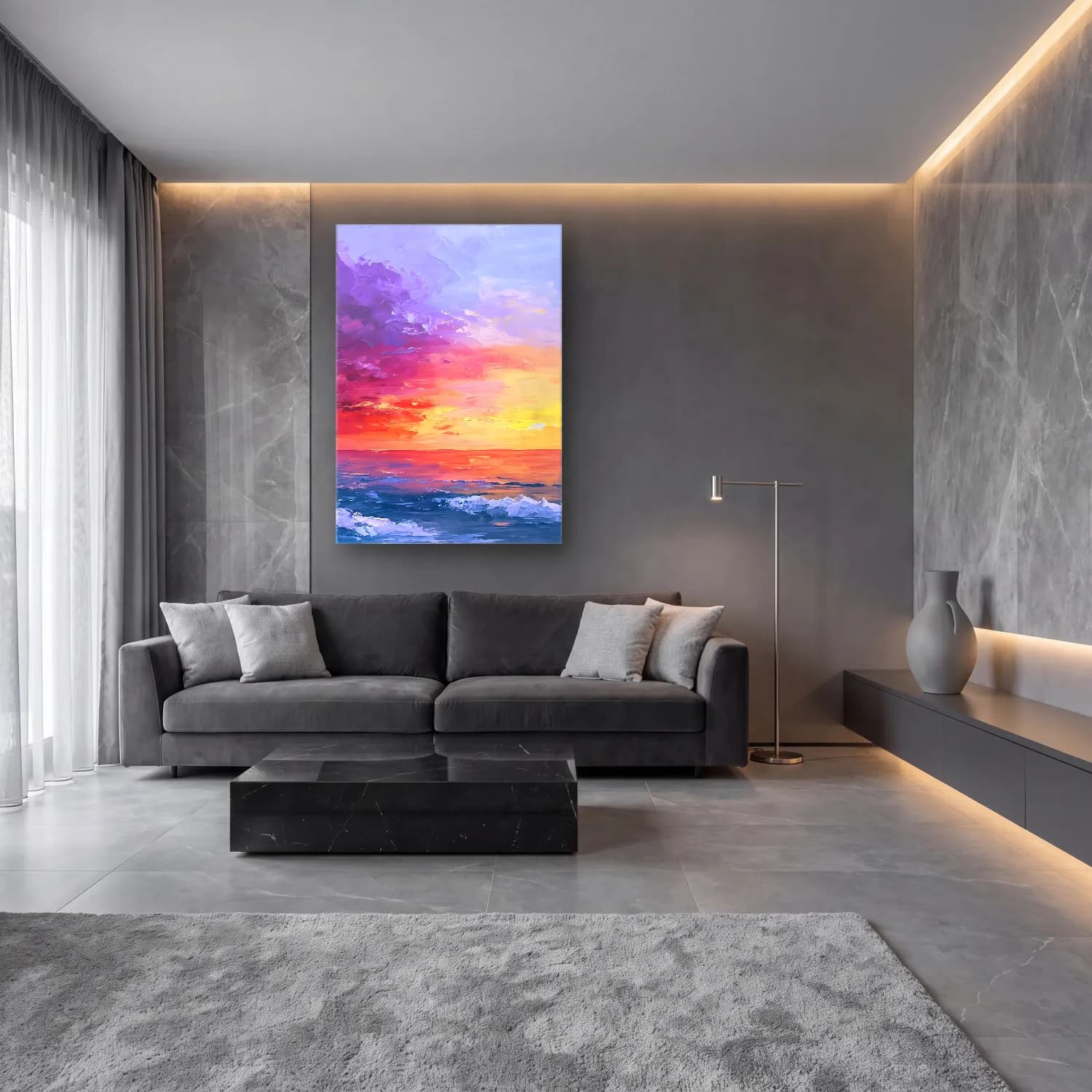 Empresyonist Gün Batımı Gökyüzü – Pastel Tonlar cam tablo — lüks salon duvarında