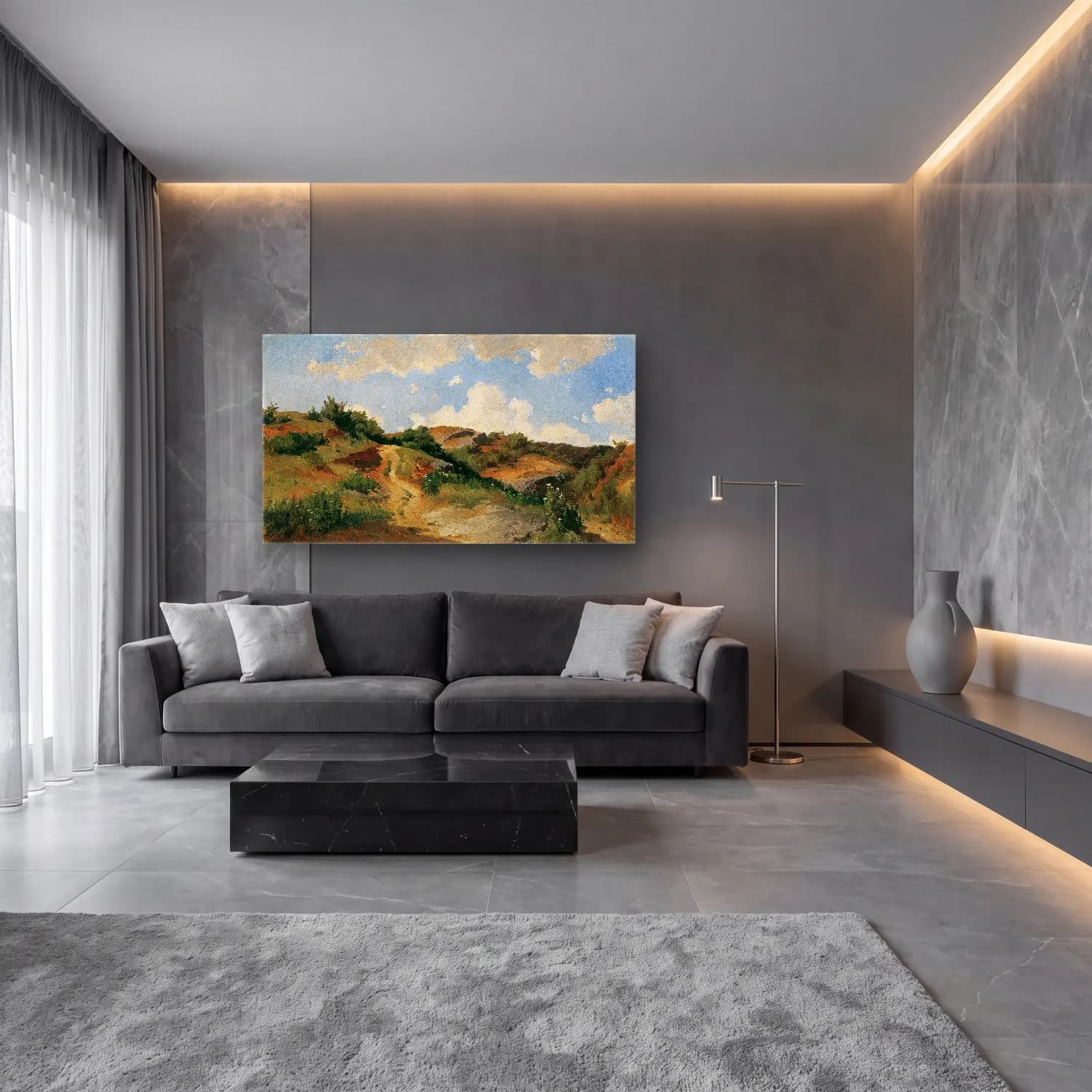 Empresyonist Yeşil Tepeler No. 12 cam tablo — lüks salon duvarında