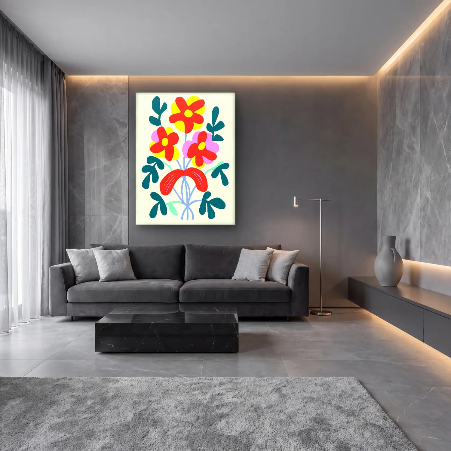 Boho Çiçek Deseni No. 55 cam tablo — lüks salon duvarında