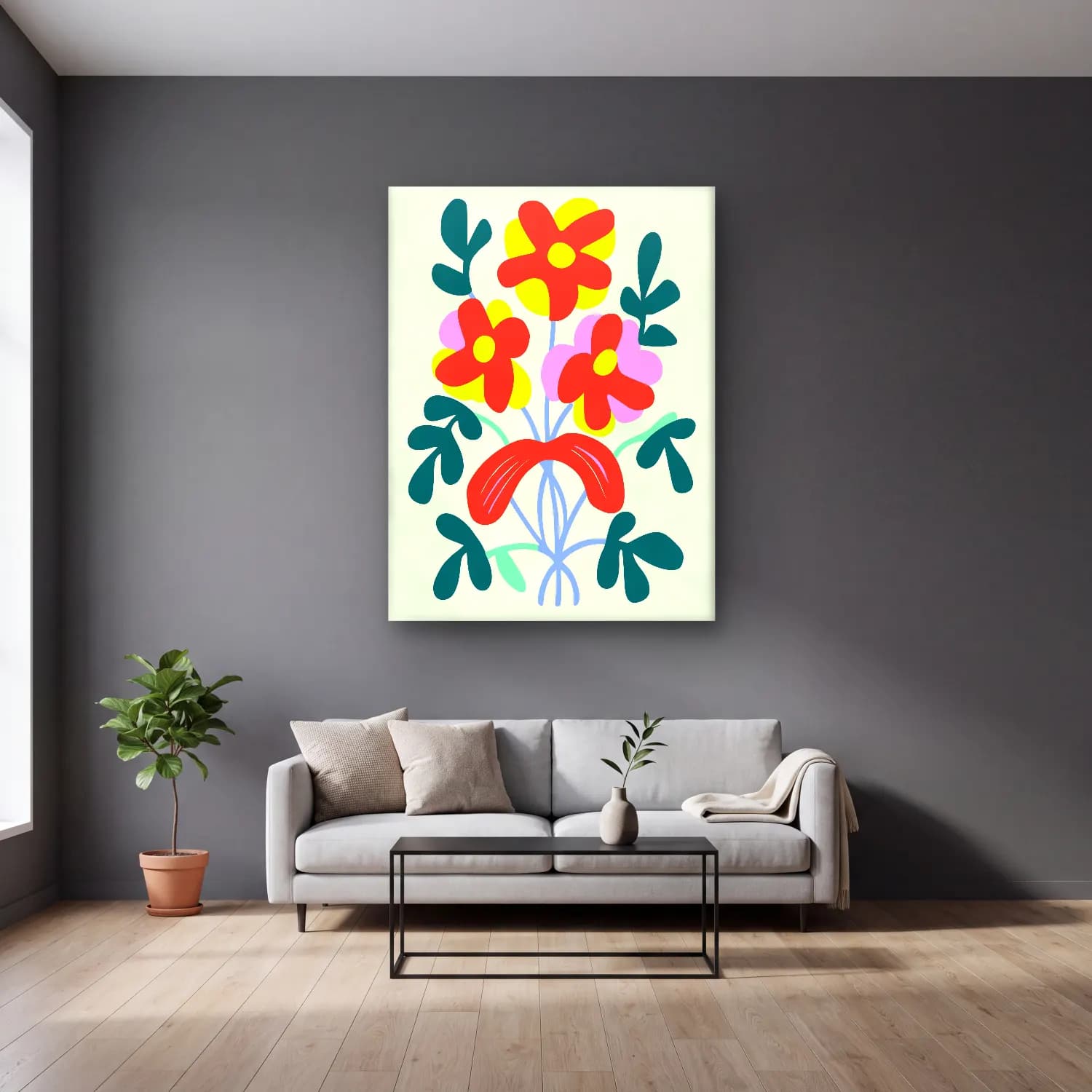 Boho Çiçek Deseni No. 55 cam tablo — gri duvarlı salonda