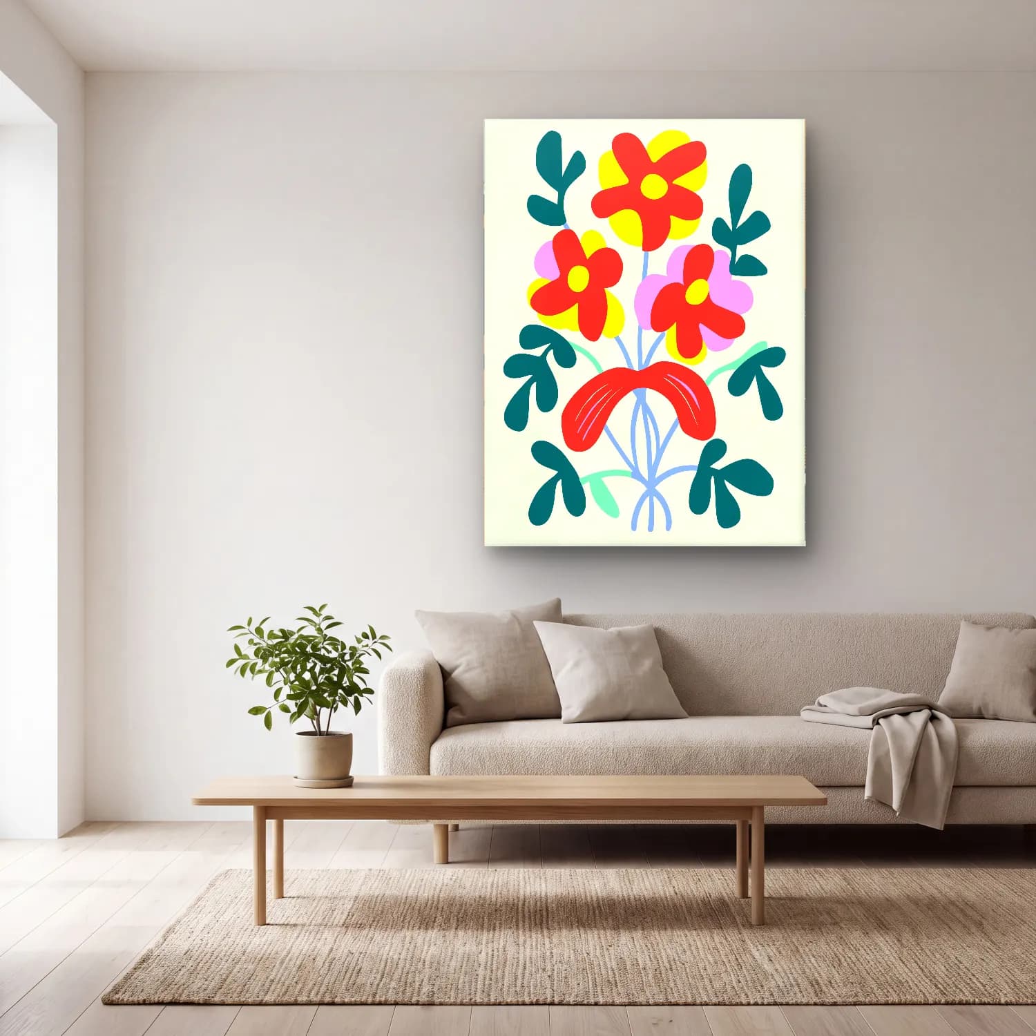 Boho Çiçek Deseni No. 55 cam tablo — açık renk salonda