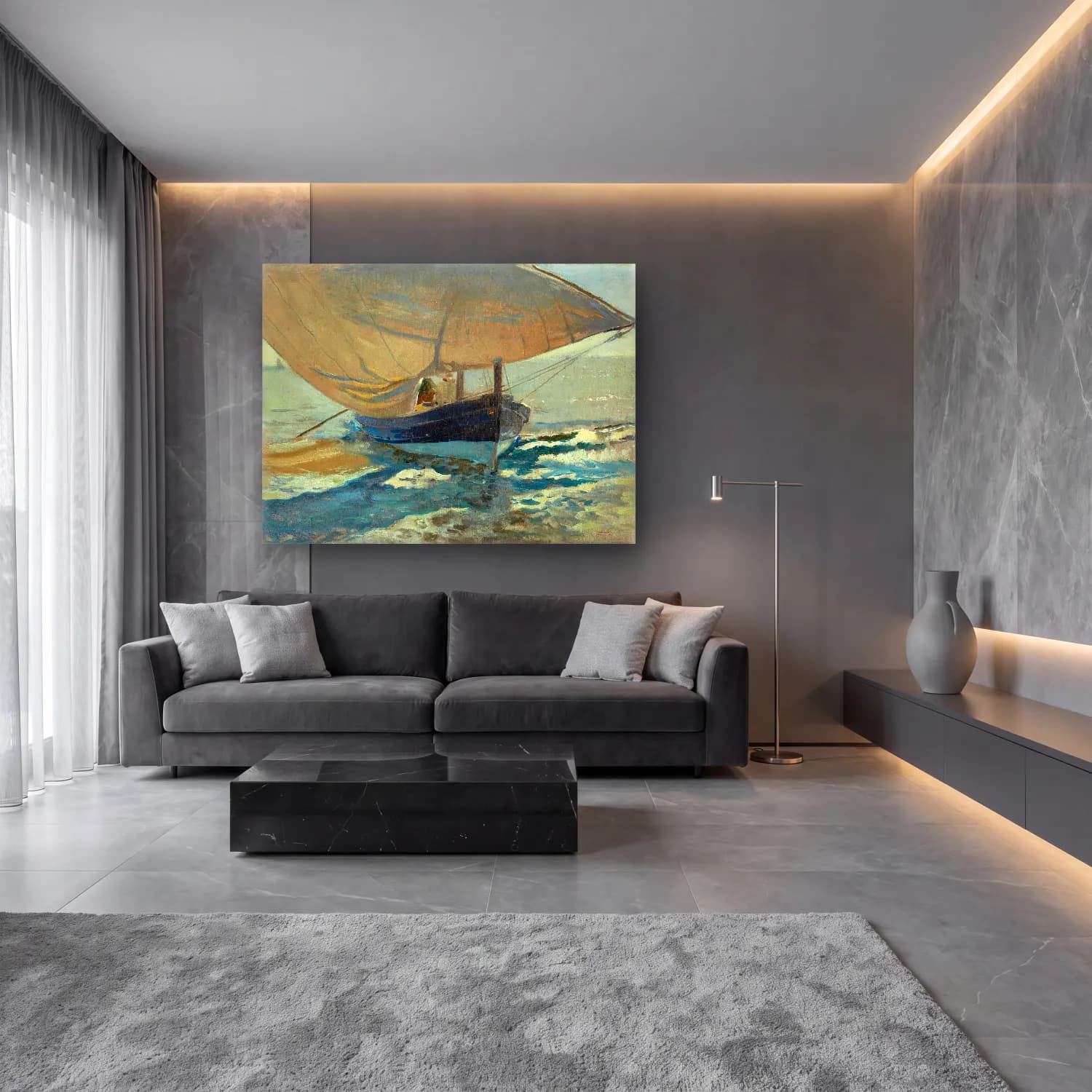 Empresyonist Yelkenliler No. 22 cam tablo — lüks salon duvarında