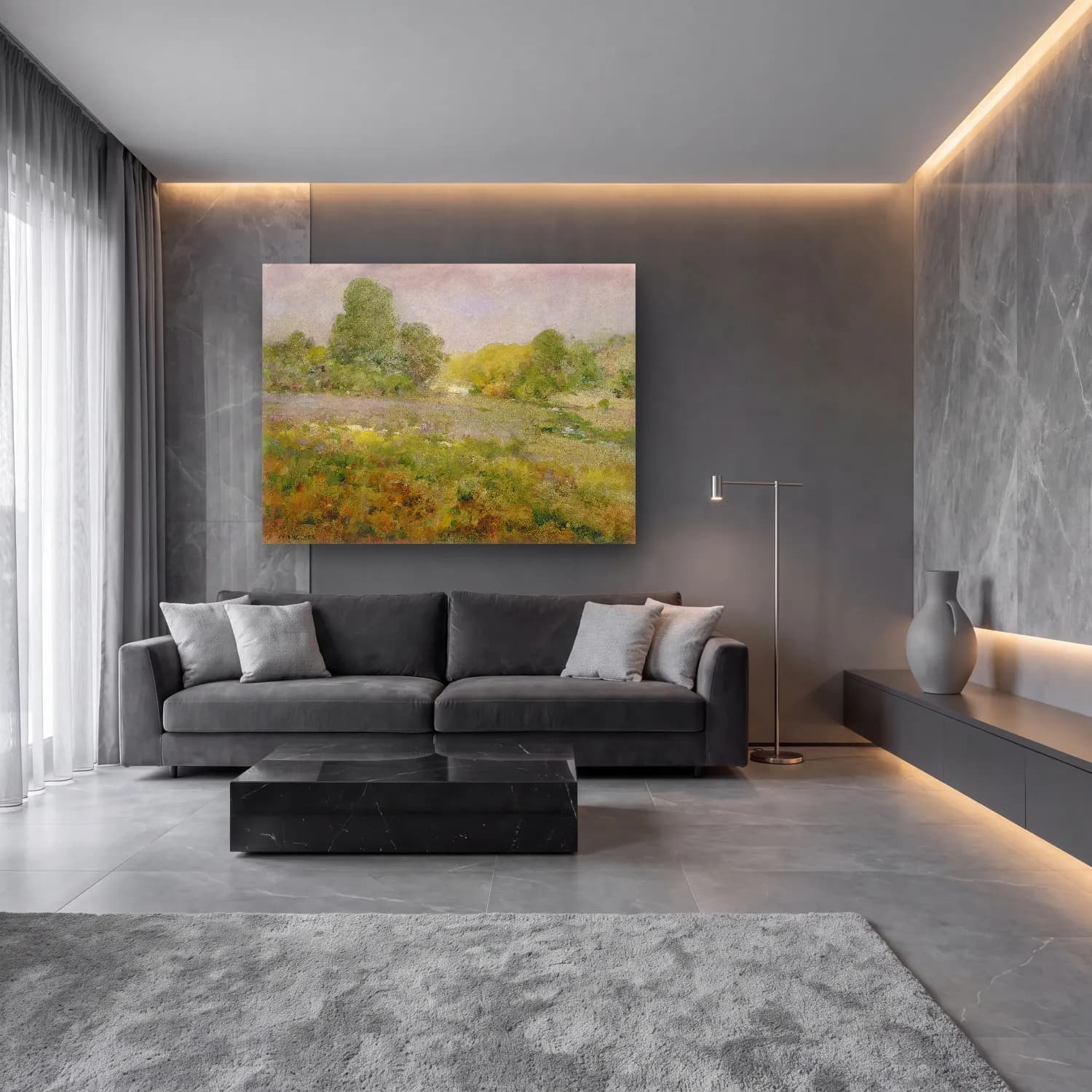 Empresyonist Kırda Nehir No. 41 cam tablo — lüks salon duvarında