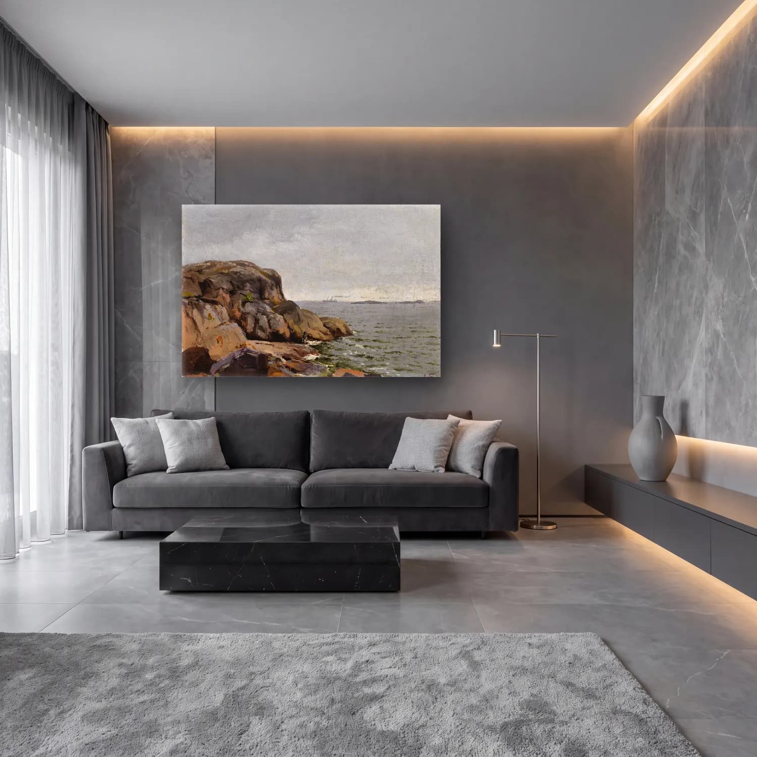 Yağlı Boya Liman ve Tekneler No. 48 cam tablo — lüks salon duvarında