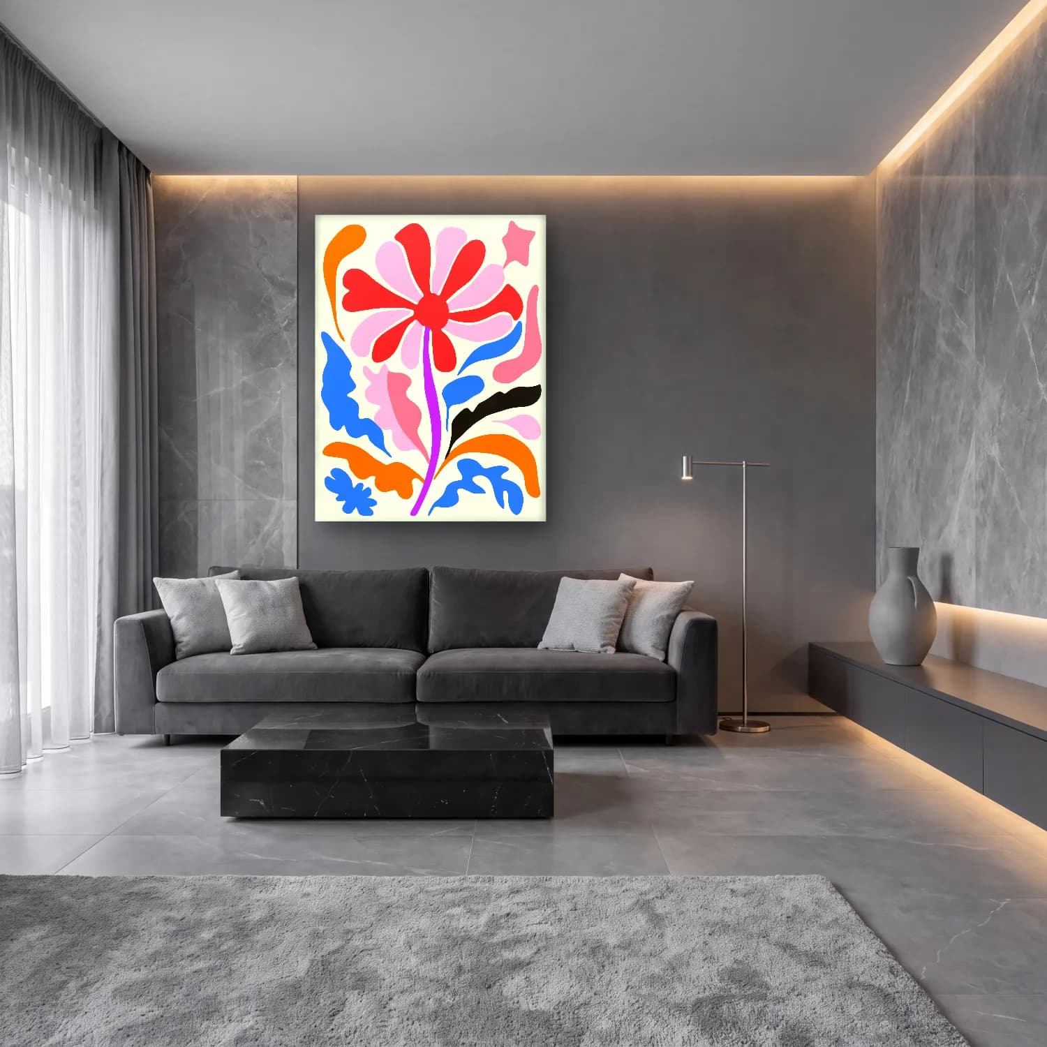 Boho Çiçek Deseni No. 56 cam tablo — lüks salon duvarında