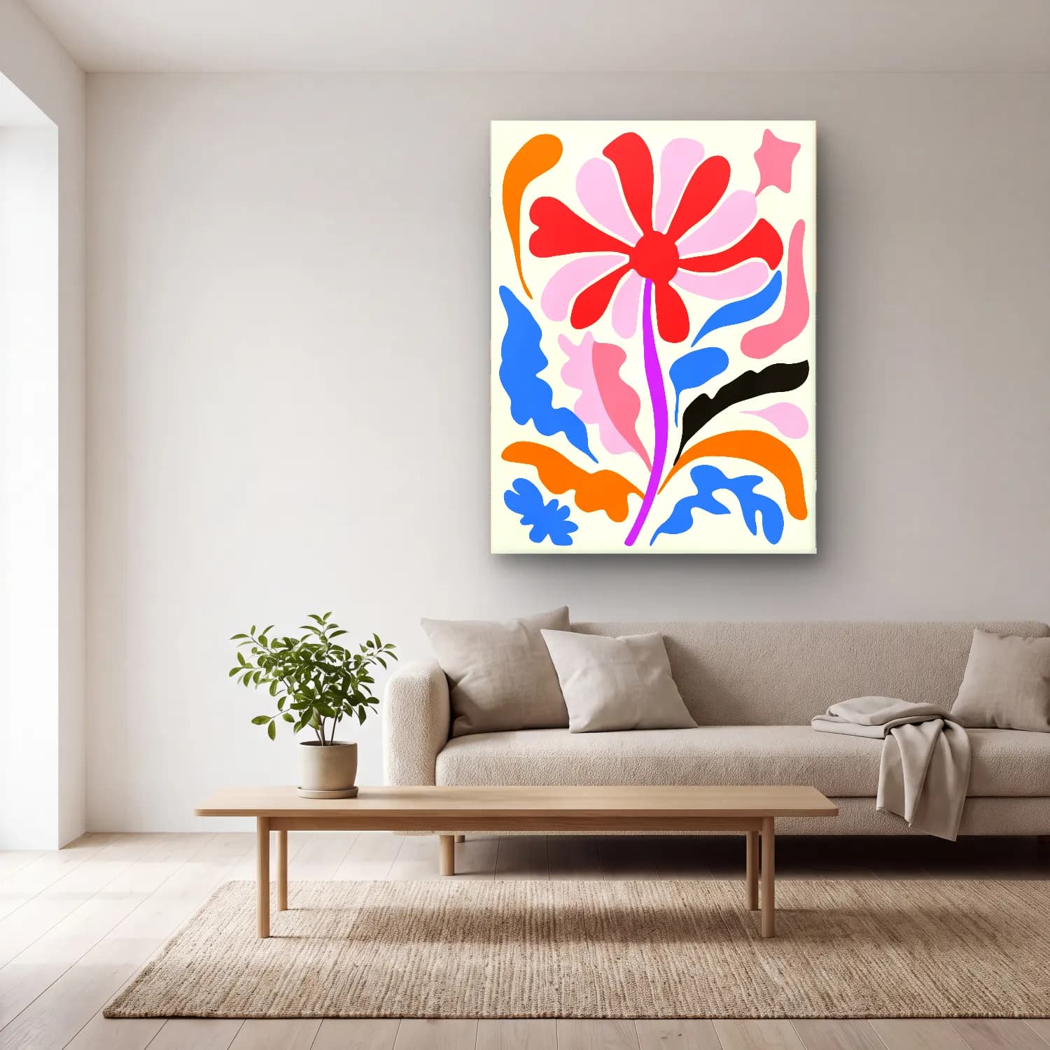 Boho Çiçek Deseni No. 56 cam tablo — açık renk salonda