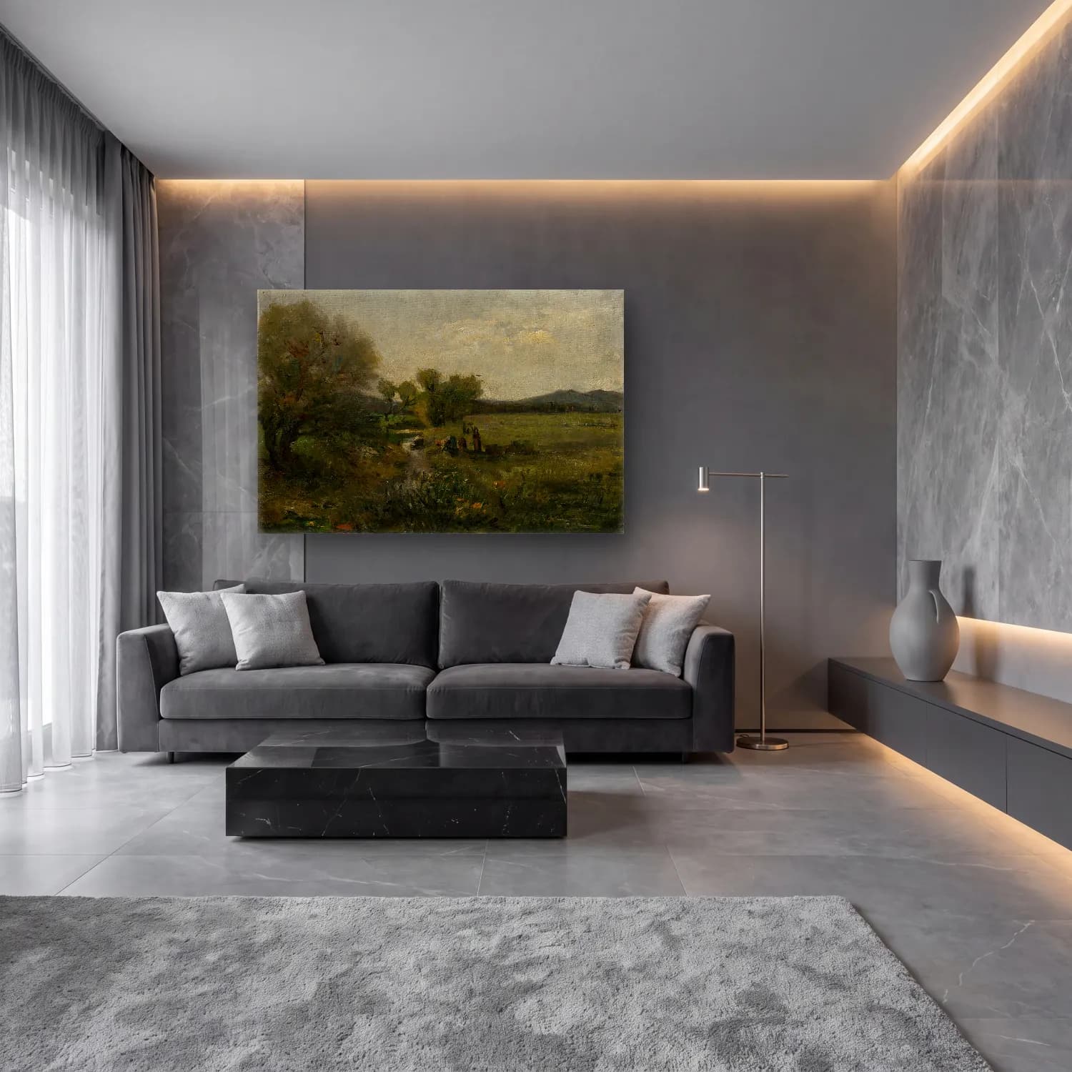 Yağlı Boya Kır Evi No. 52 cam tablo — lüks salon duvarında