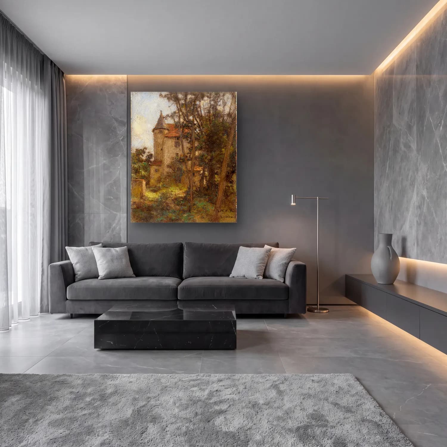 Empresyonist Şato – Pastel Tonlar cam tablo — lüks salon duvarında