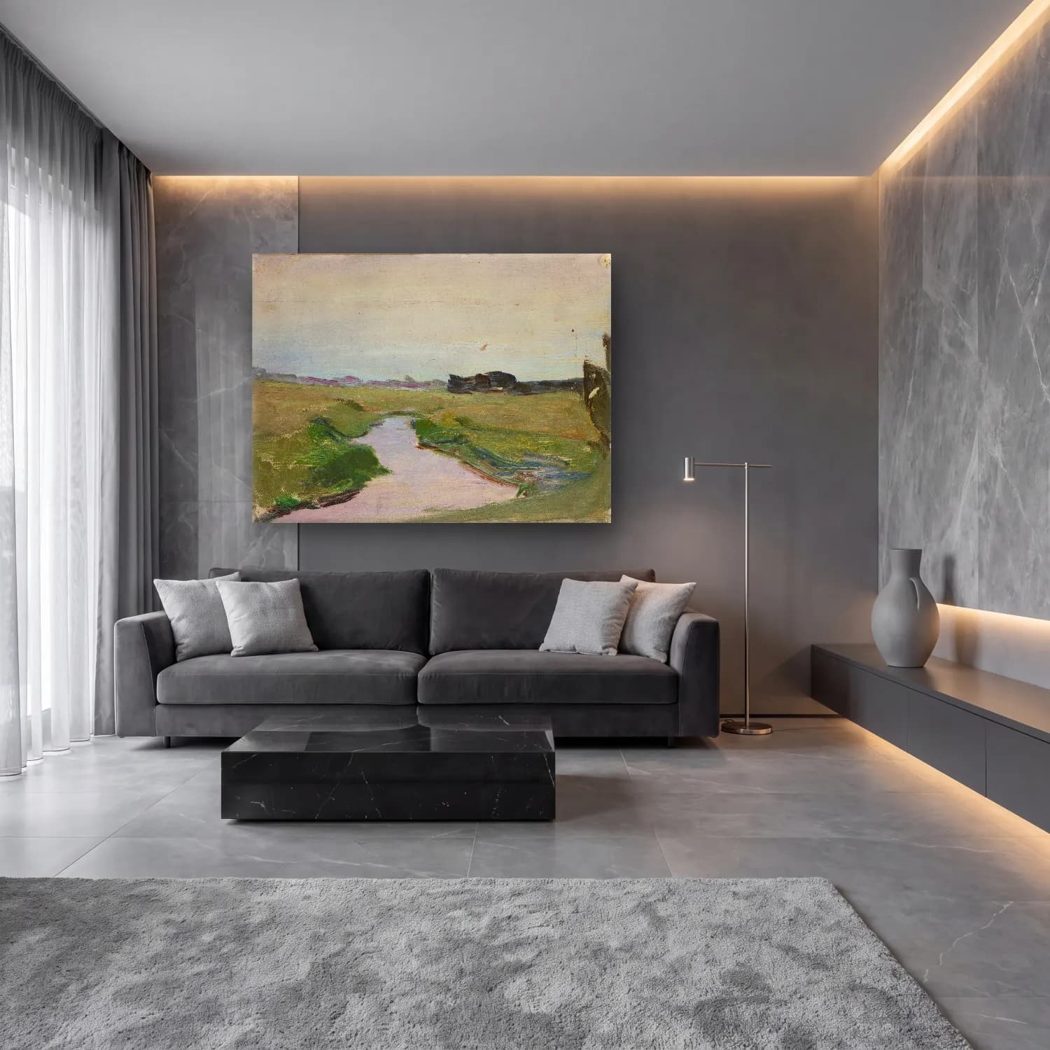Yağlı Boya Kırda Nehir No. 75 cam tablo — lüks salon duvarında