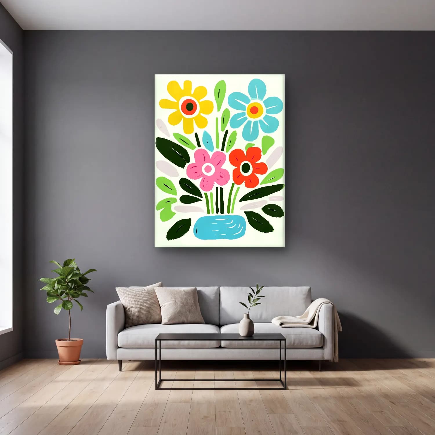 Boho Vazoda Çiçek Buketi – Pastel Tonlar cam tablo — gri duvarlı salonda