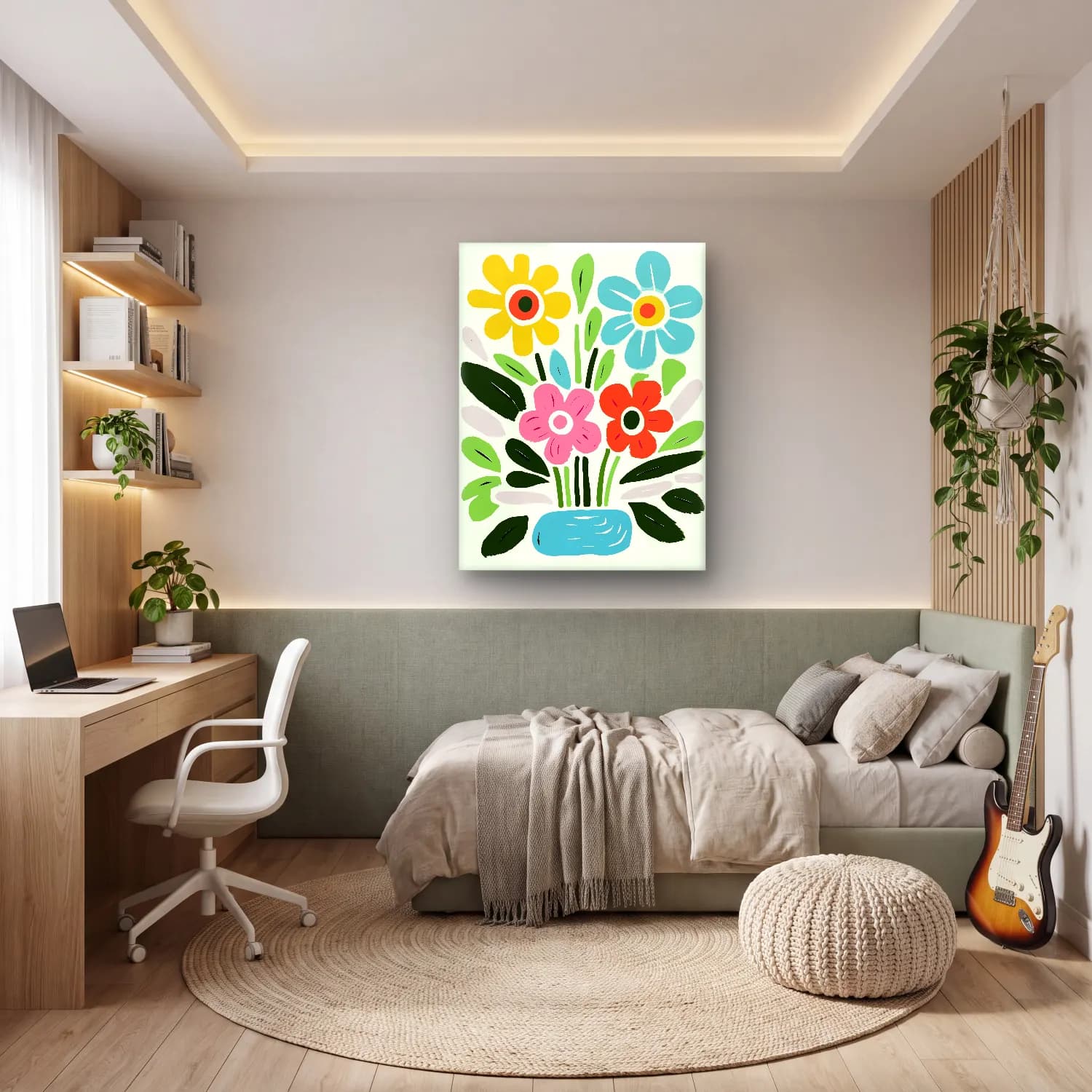 Boho Vazoda Çiçek Buketi – Pastel Tonlar cam tablo — genç odasında