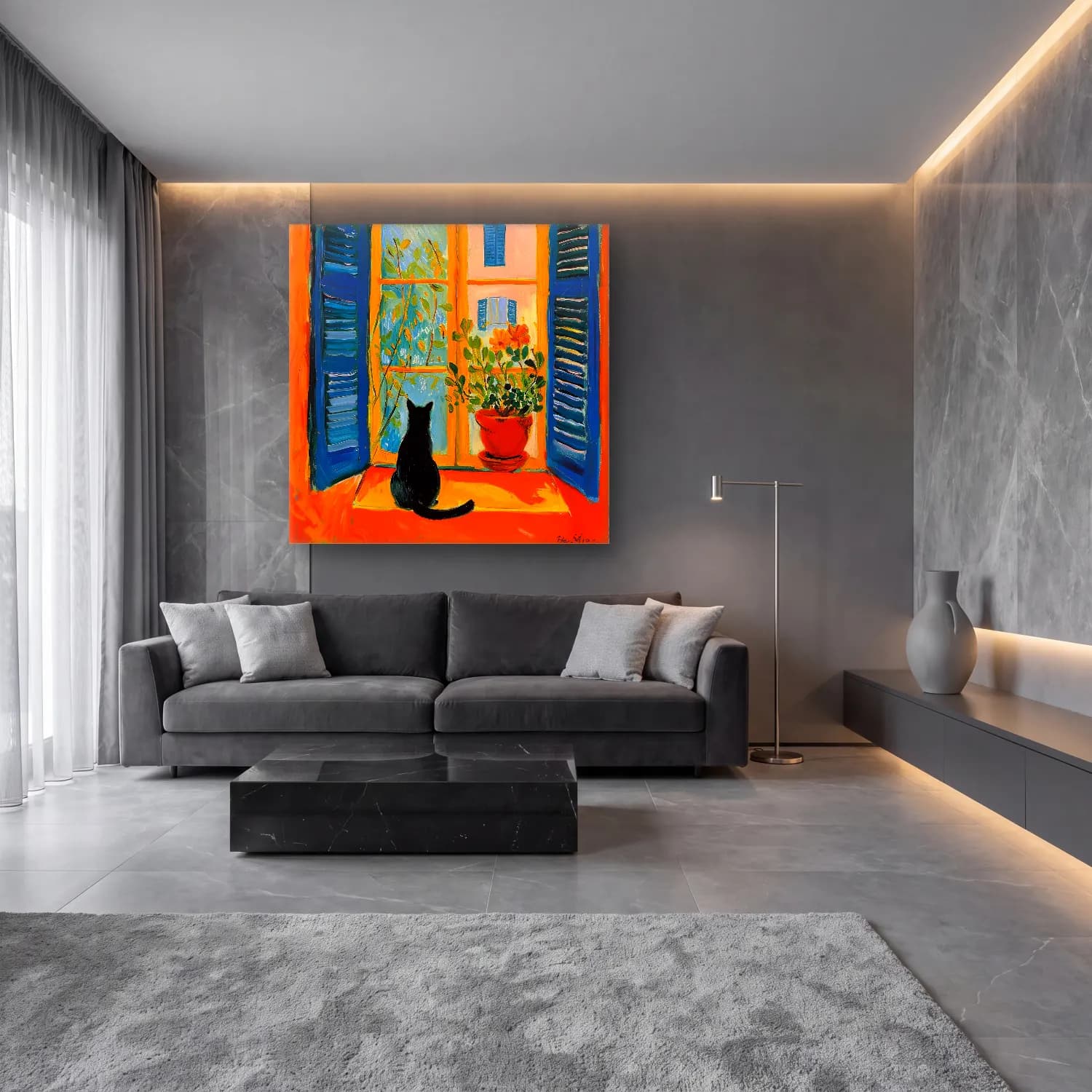 Empresyonist Kedi – Turuncu Tonlar cam tablo — lüks salon duvarında