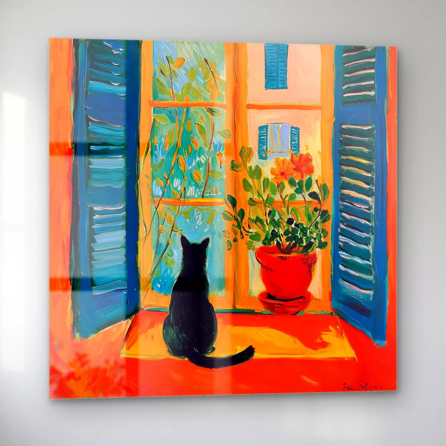 Empresyonist Kedi – Turuncu Tonlar cam tablo — sol açıdan görünüm