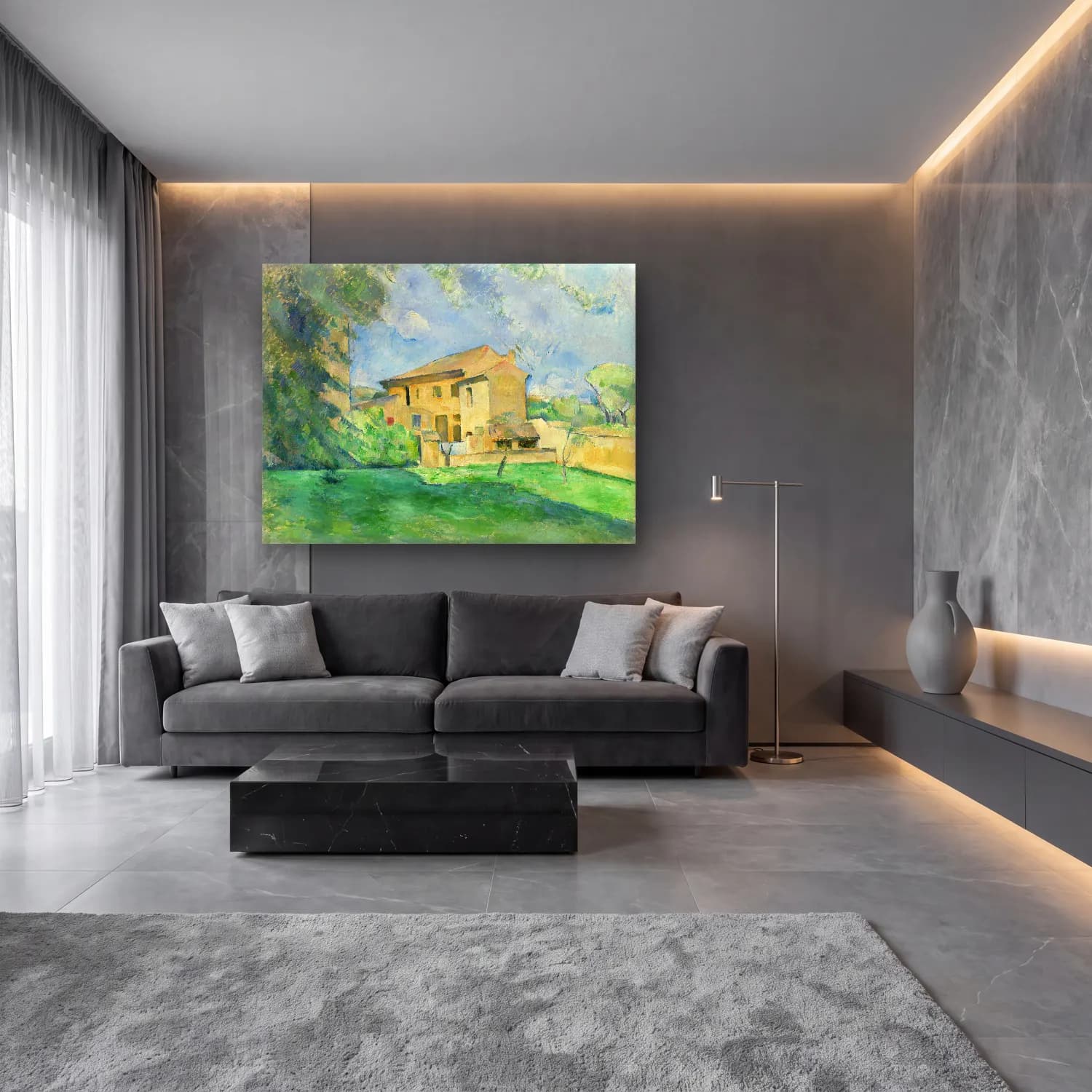 Empresyonist Kır Evi No. 33 cam tablo — lüks salon duvarında