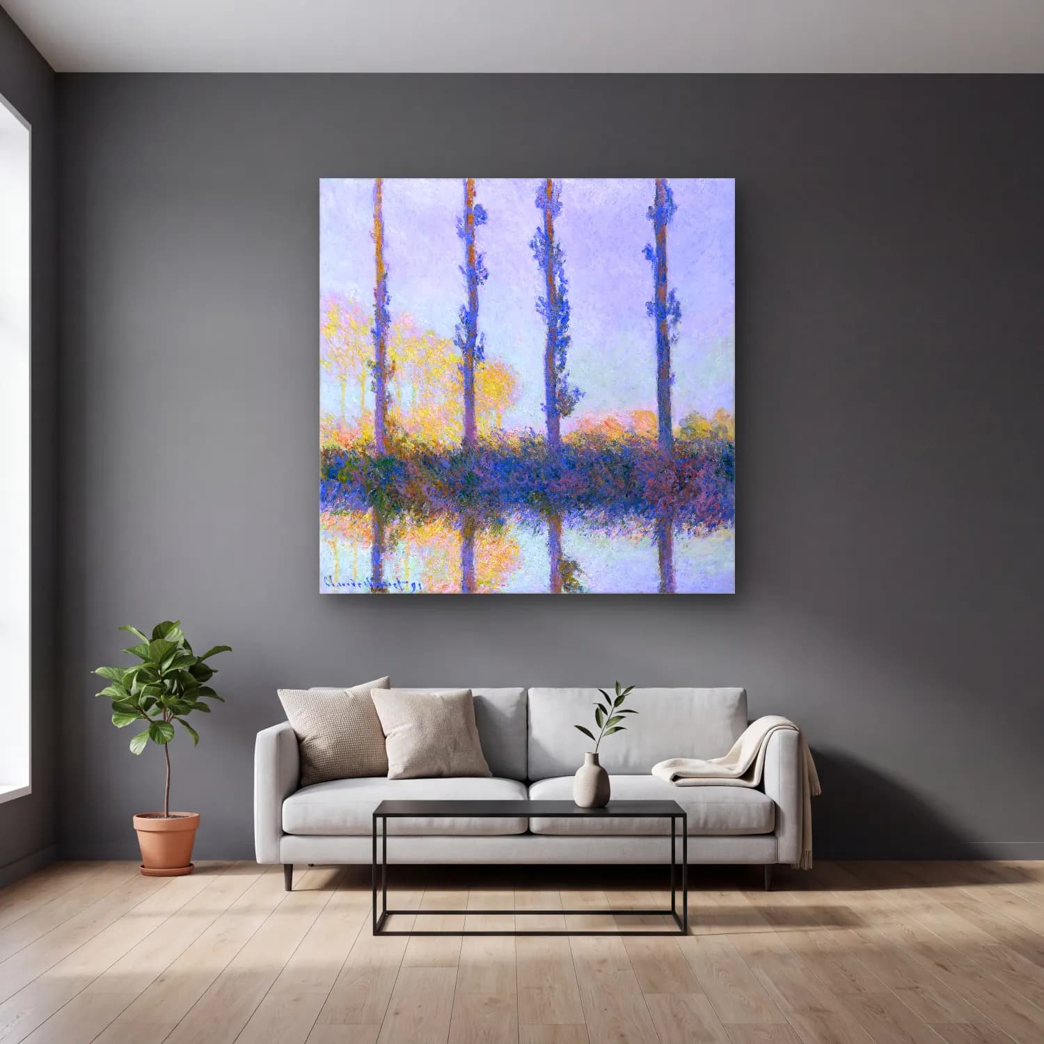 Claude Monet – The Four Trees cam tablo — gri duvarlı salonda